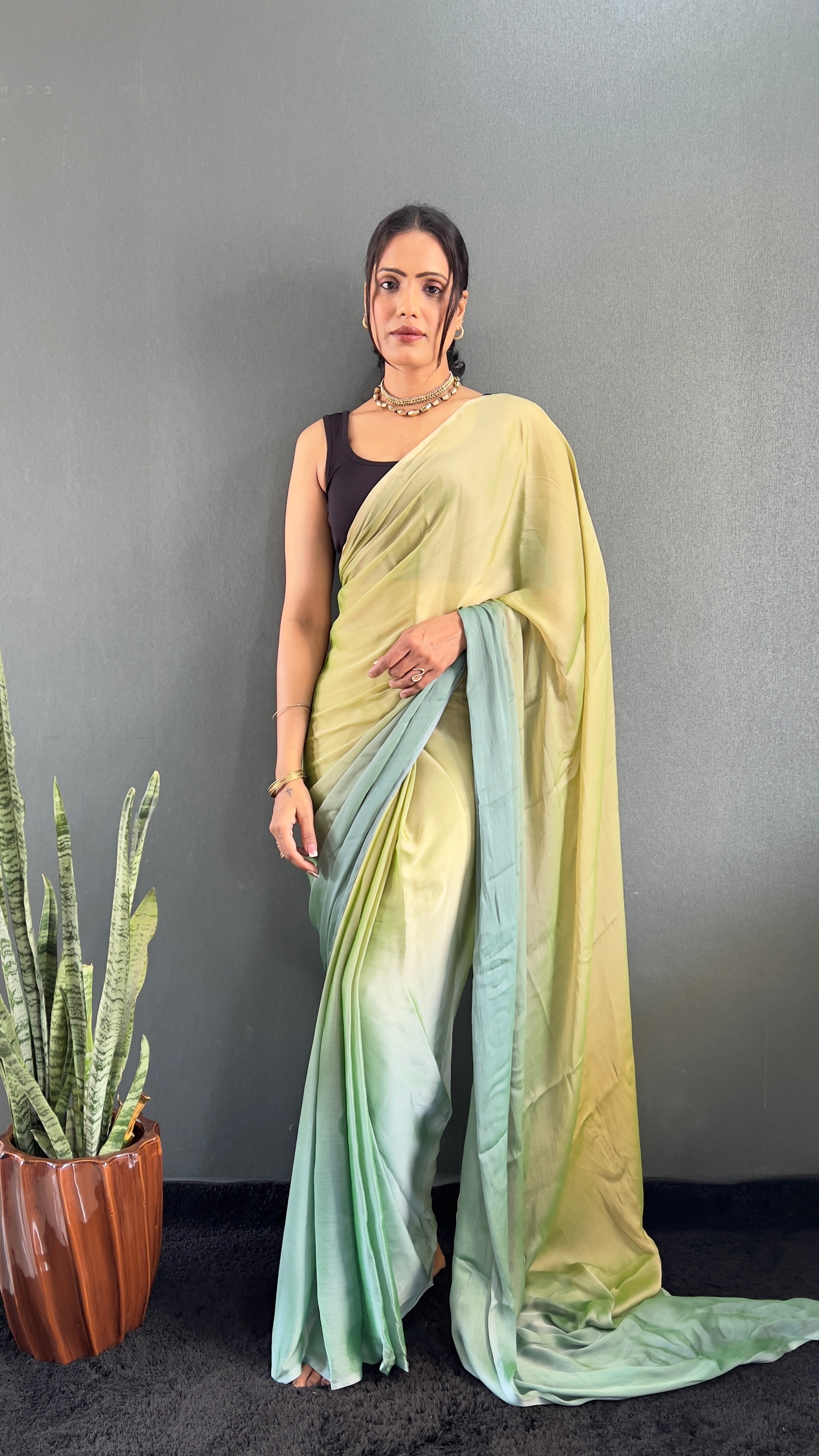 New  One Minute Ready To Wear Yellow-Green Saree With Unstiched Blouse