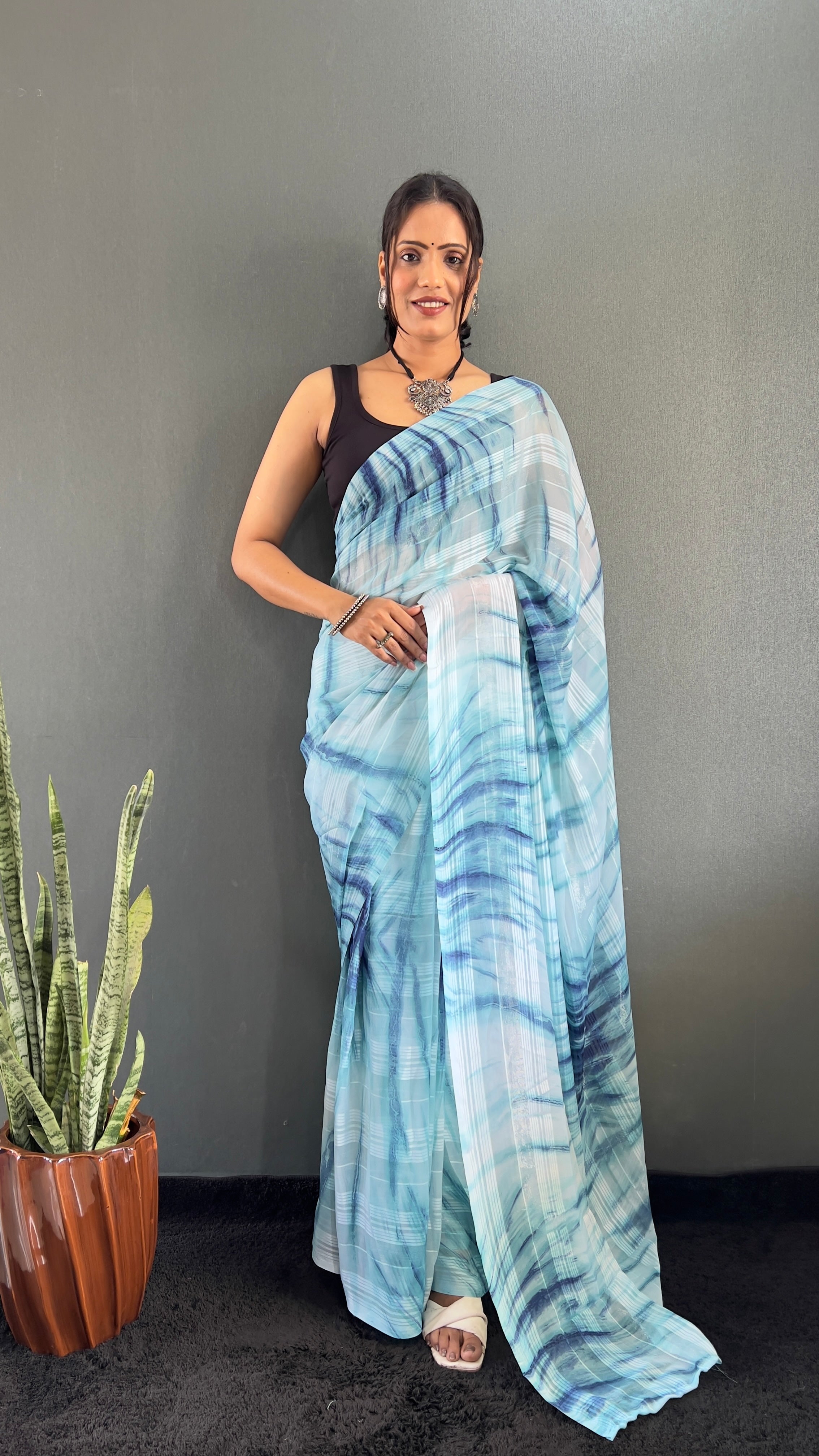 Annaya One Minute Ready To Wear Blue Saree with unstitch Blouse