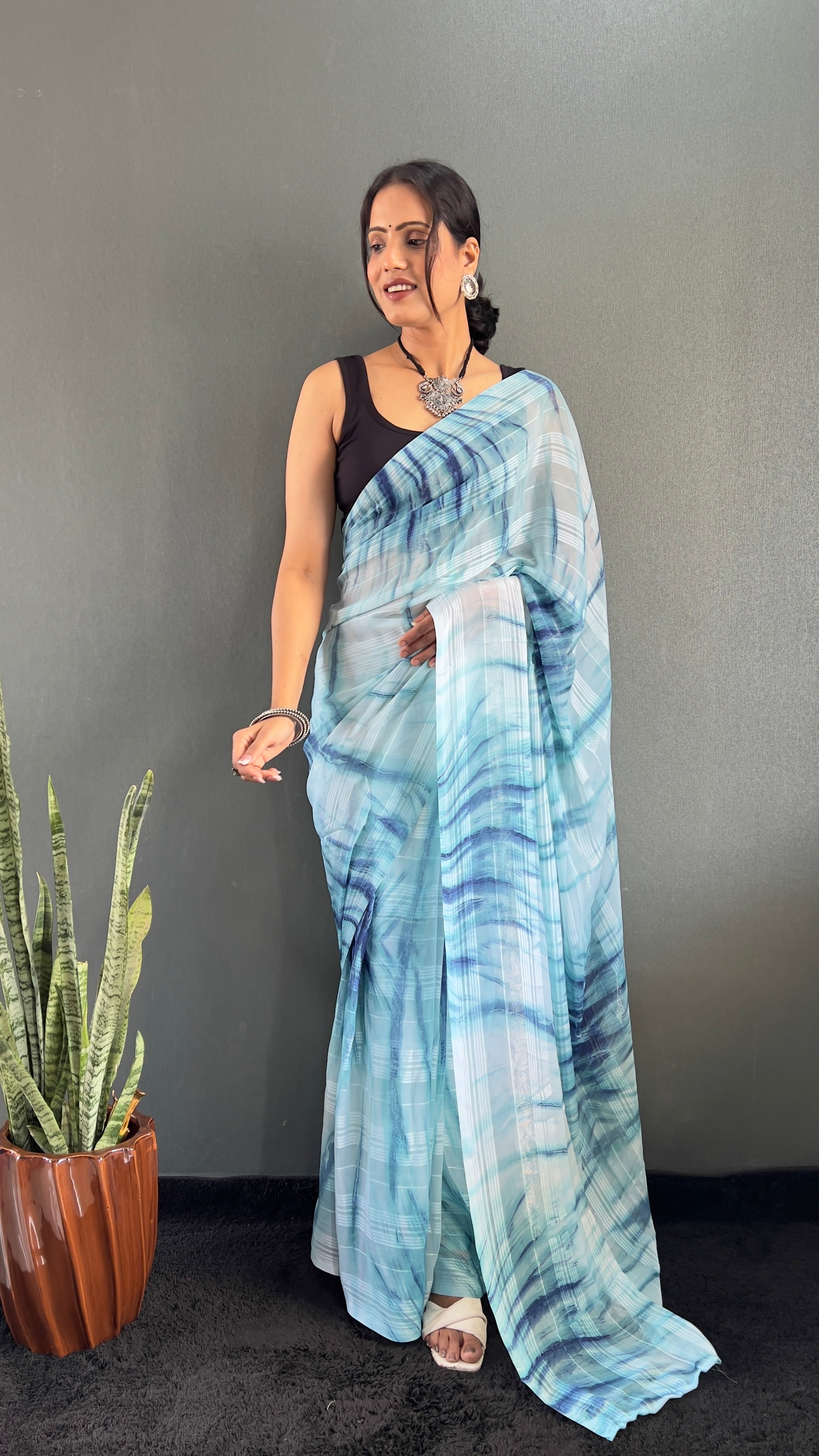 Annaya One Minute Ready To Wear Blue Saree with unstitch Blouse