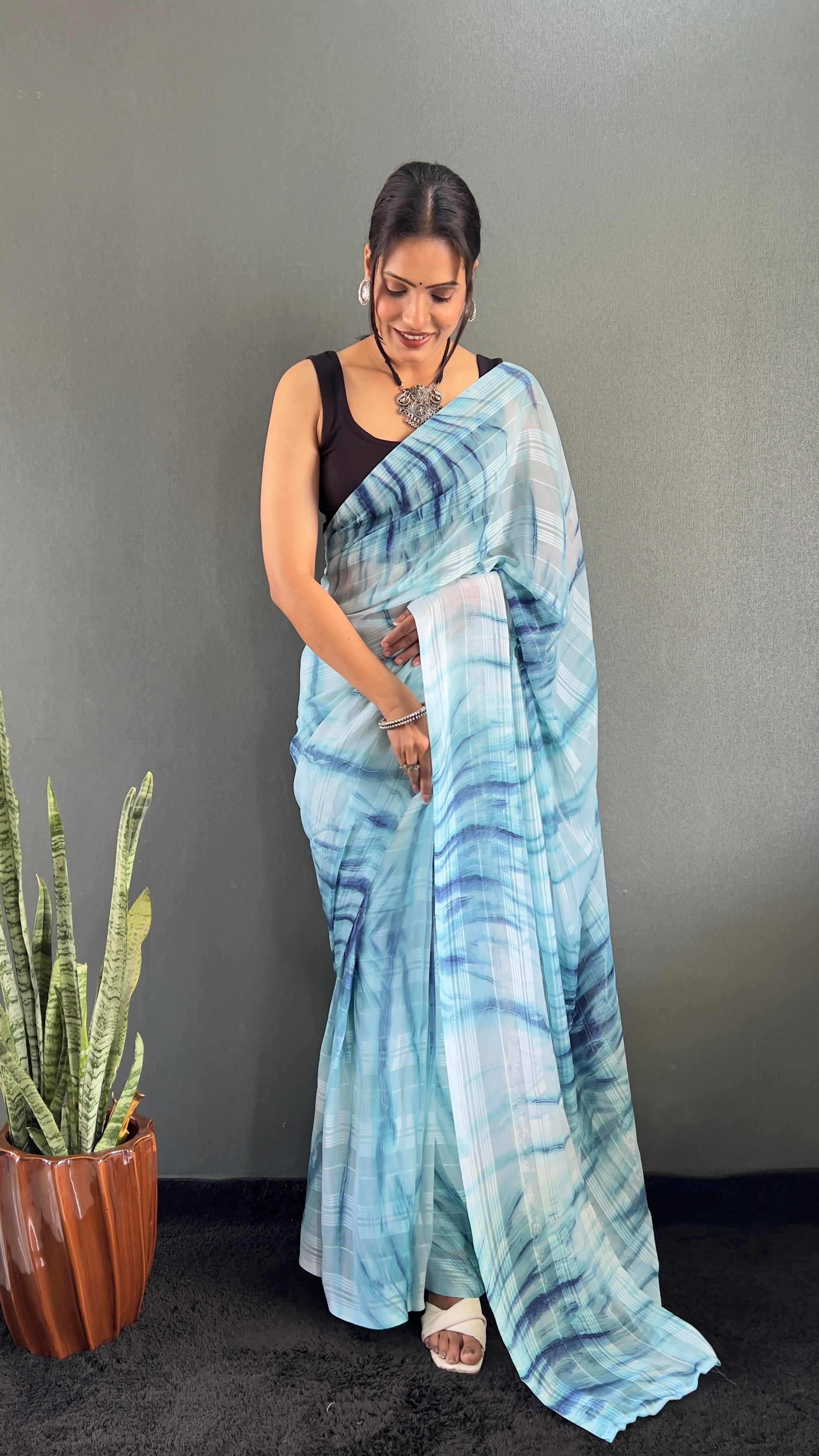 Annaya One Minute Ready To Wear Blue Saree with unstitch Blouse