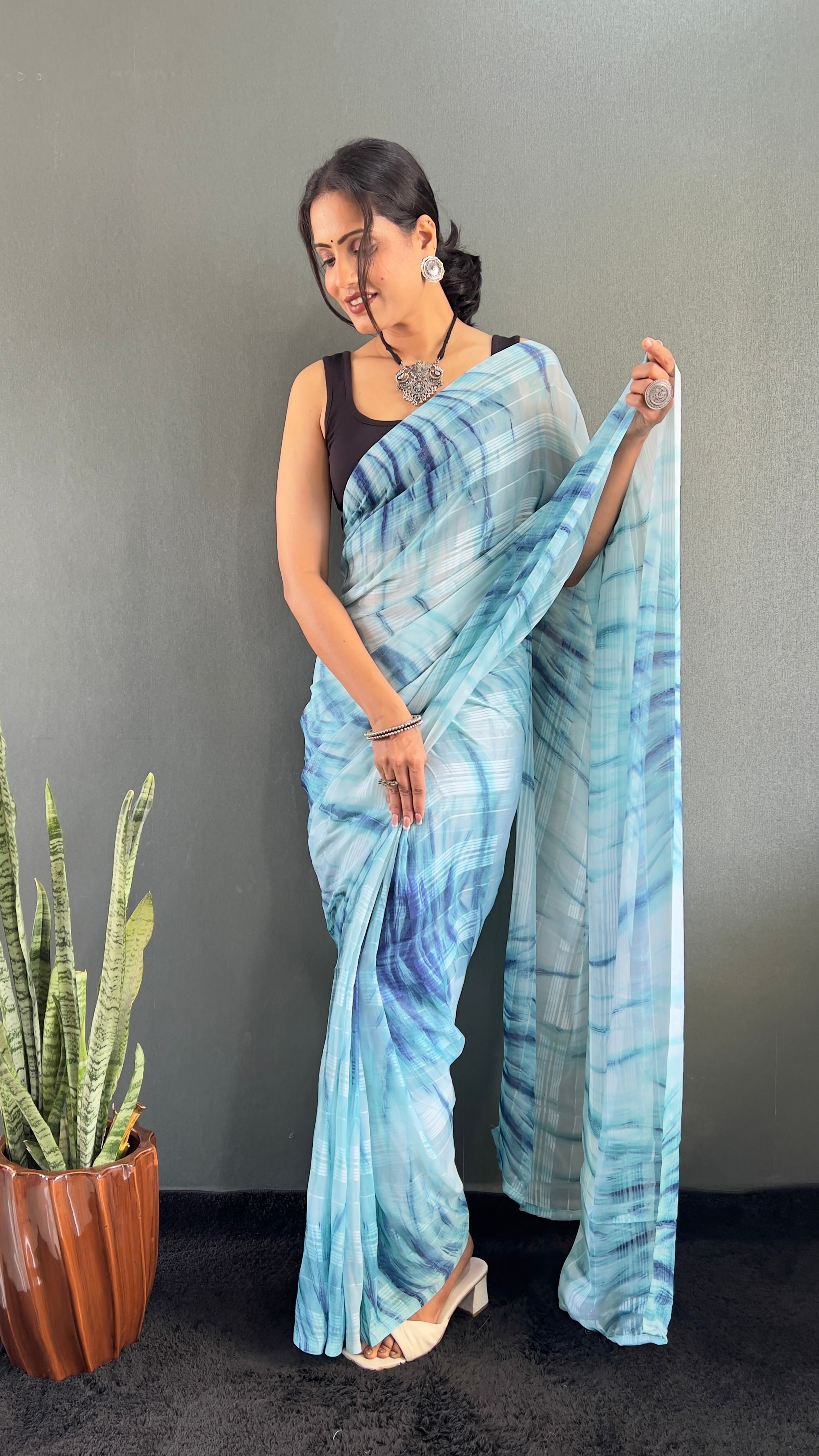 Annaya One Minute Ready To Wear Blue Saree with unstitch Blouse