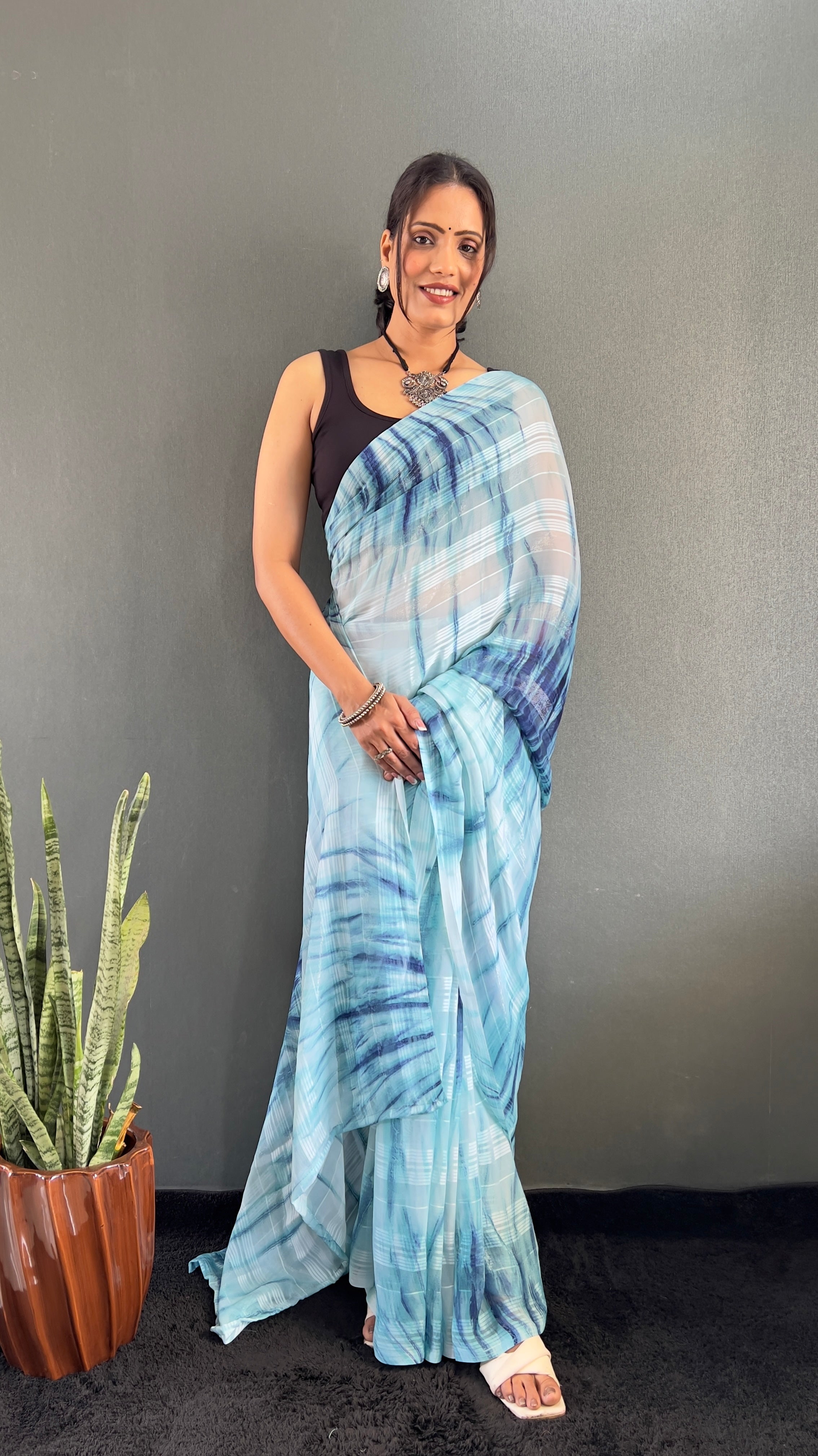 Annaya One Minute Ready To Wear Blue Saree with unstitch Blouse