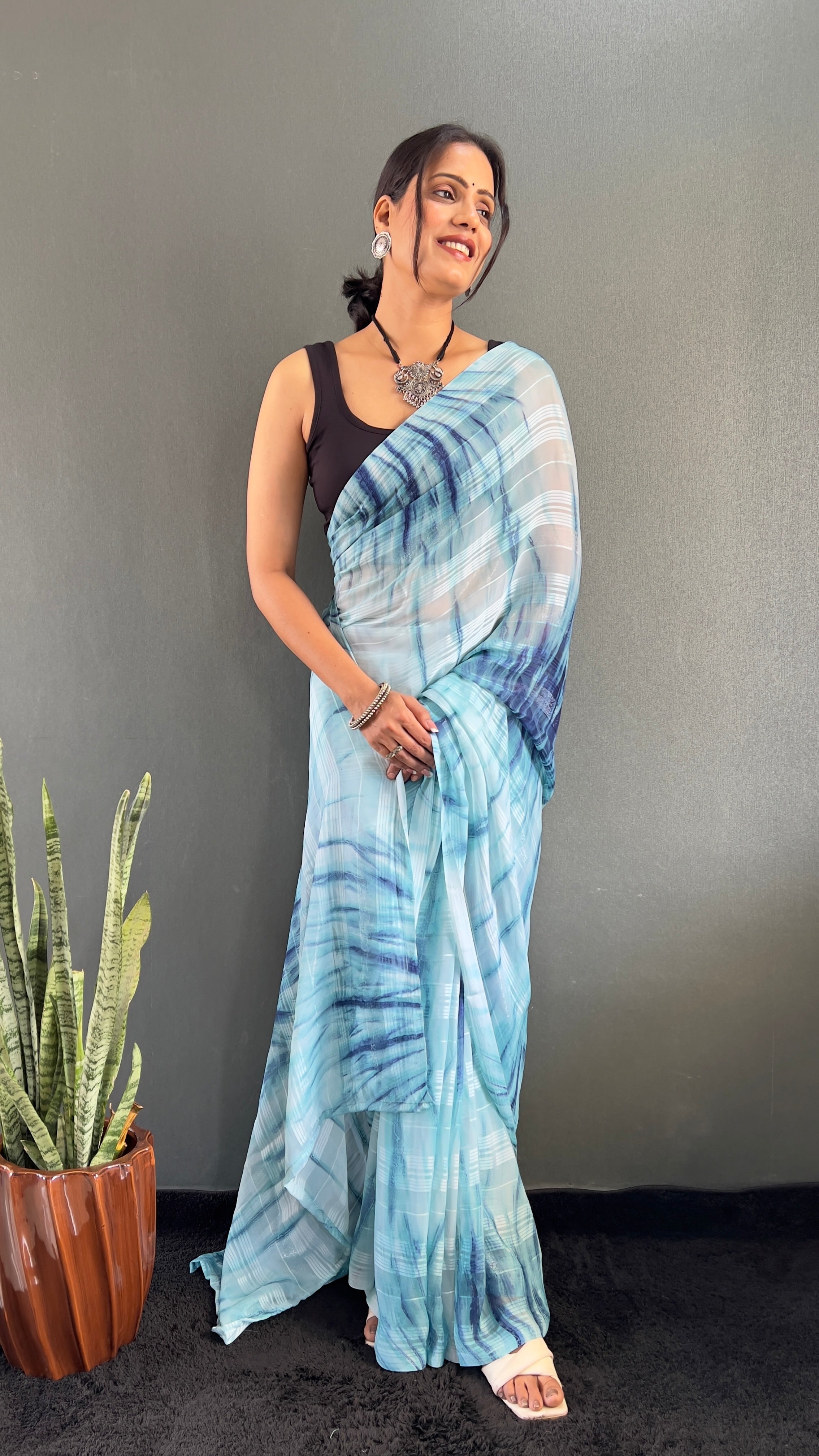 Annaya One Minute Ready To Wear Blue Saree with unstitch Blouse