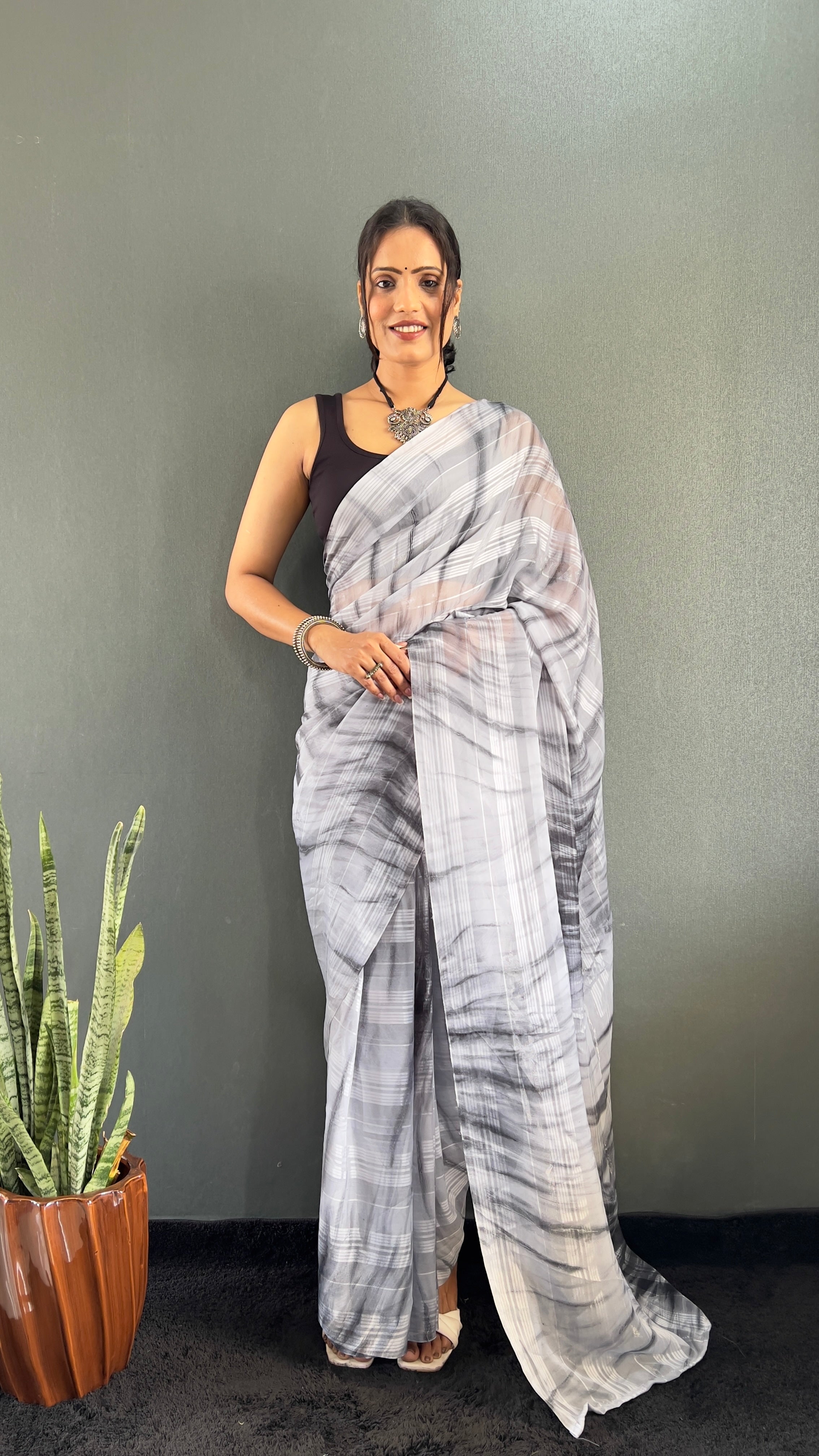 Annaya One Minute Ready To Wear Grey Saree with unstitch Blouse