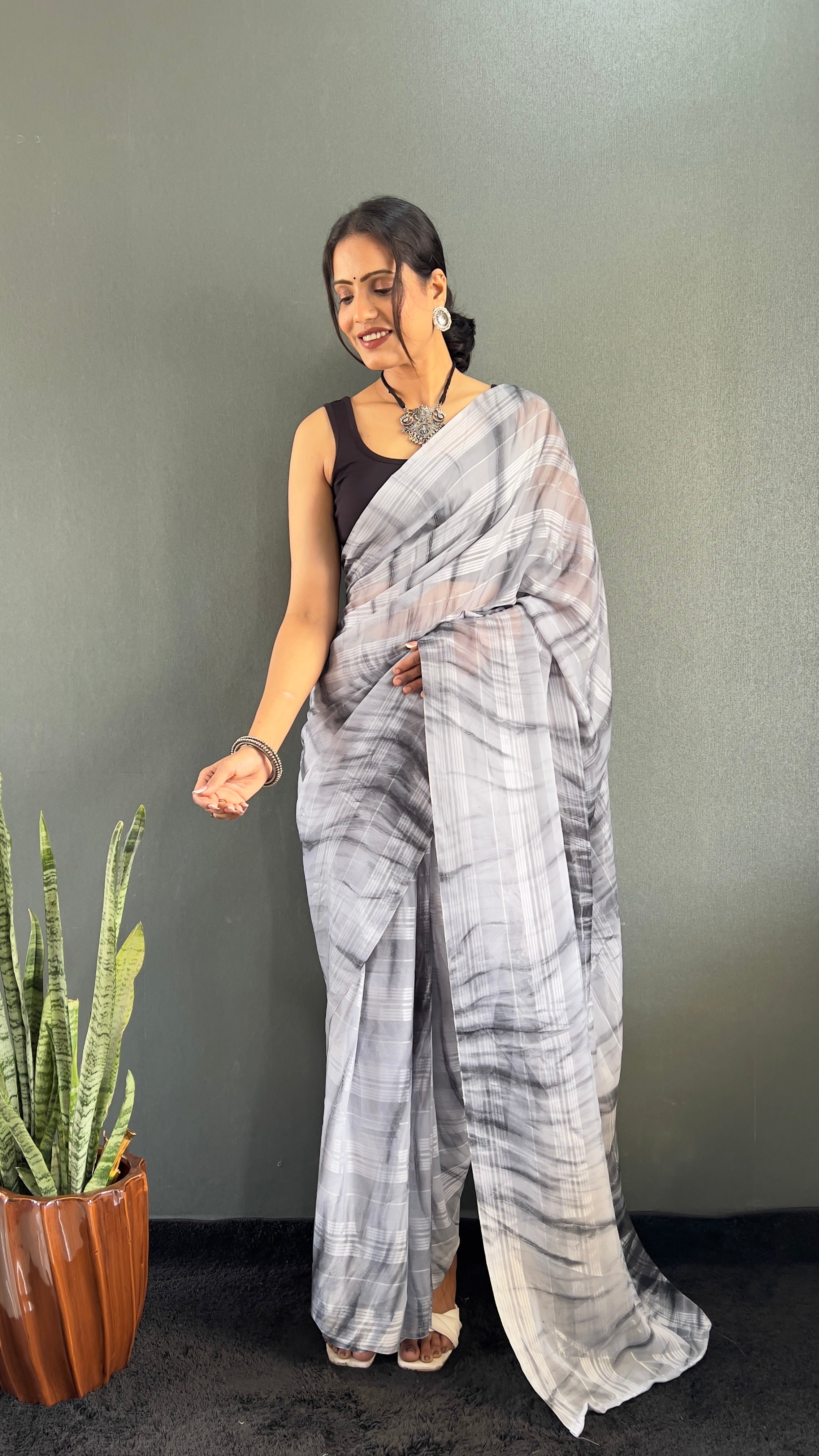 Annaya One Minute Ready To Wear Grey Saree with unstitch Blouse