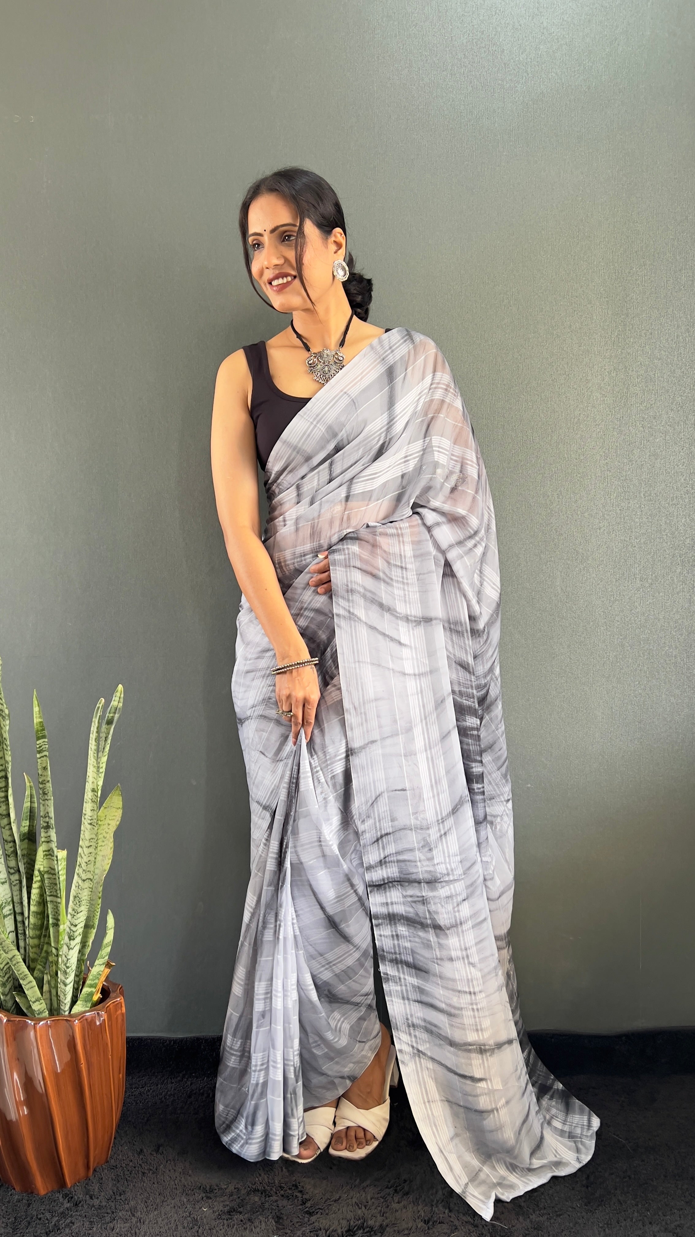 Annaya One Minute Ready To Wear Grey Saree with unstitch Blouse