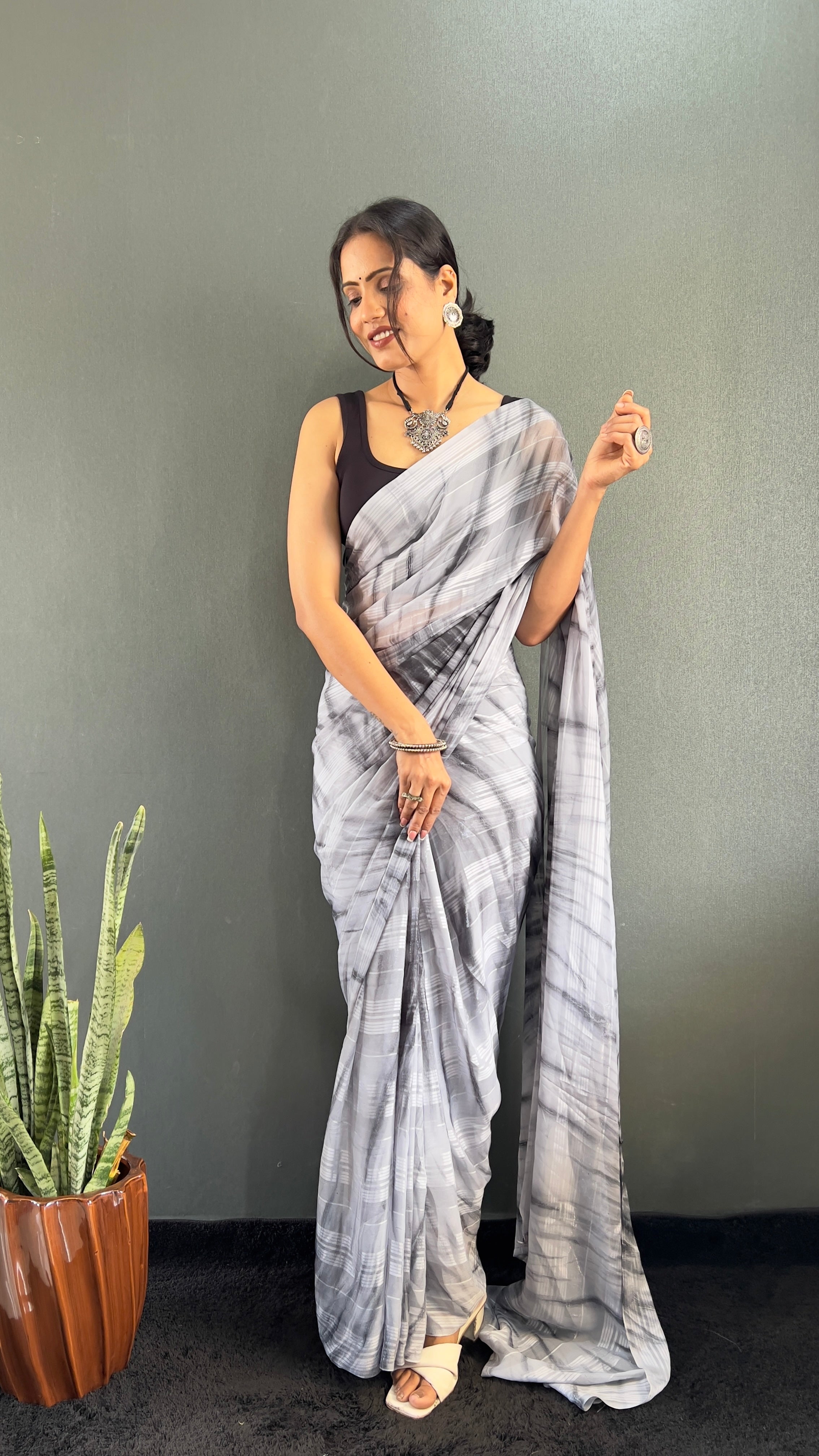 Annaya One Minute Ready To Wear Grey Saree with unstitch Blouse