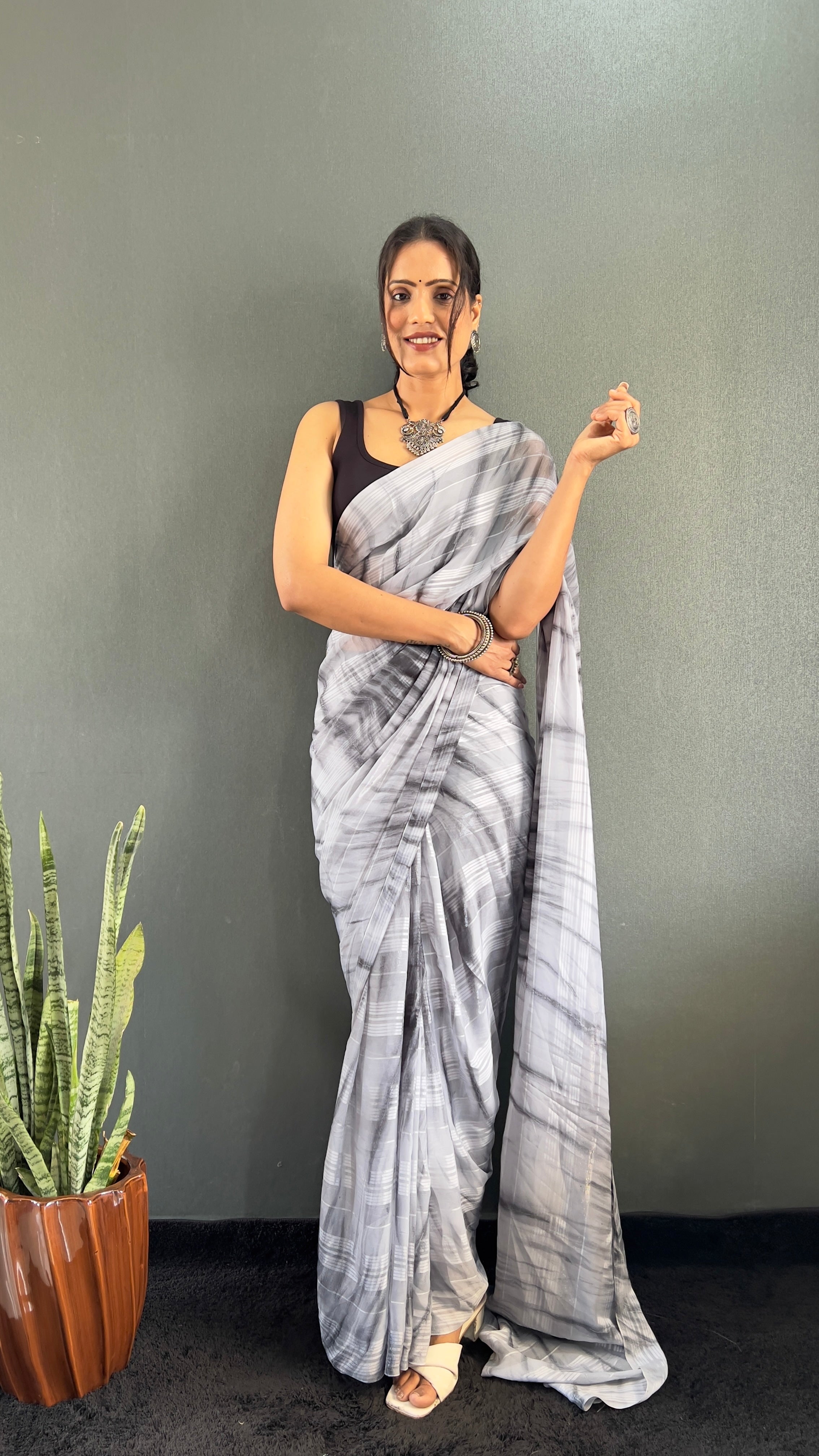 Annaya One Minute Ready To Wear Grey Saree with unstitch Blouse