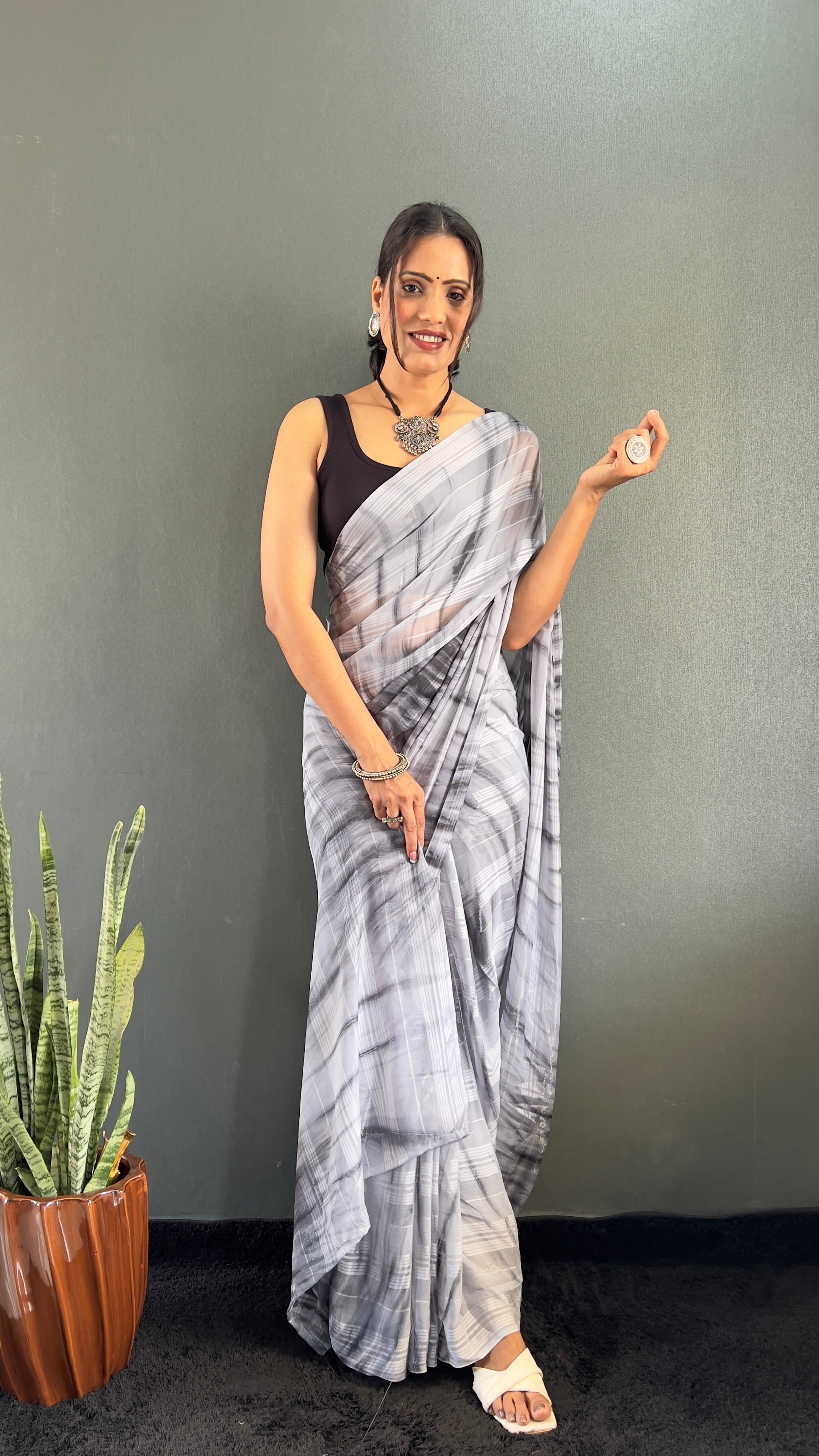 Annaya One Minute Ready To Wear Grey Saree with unstitch Blouse