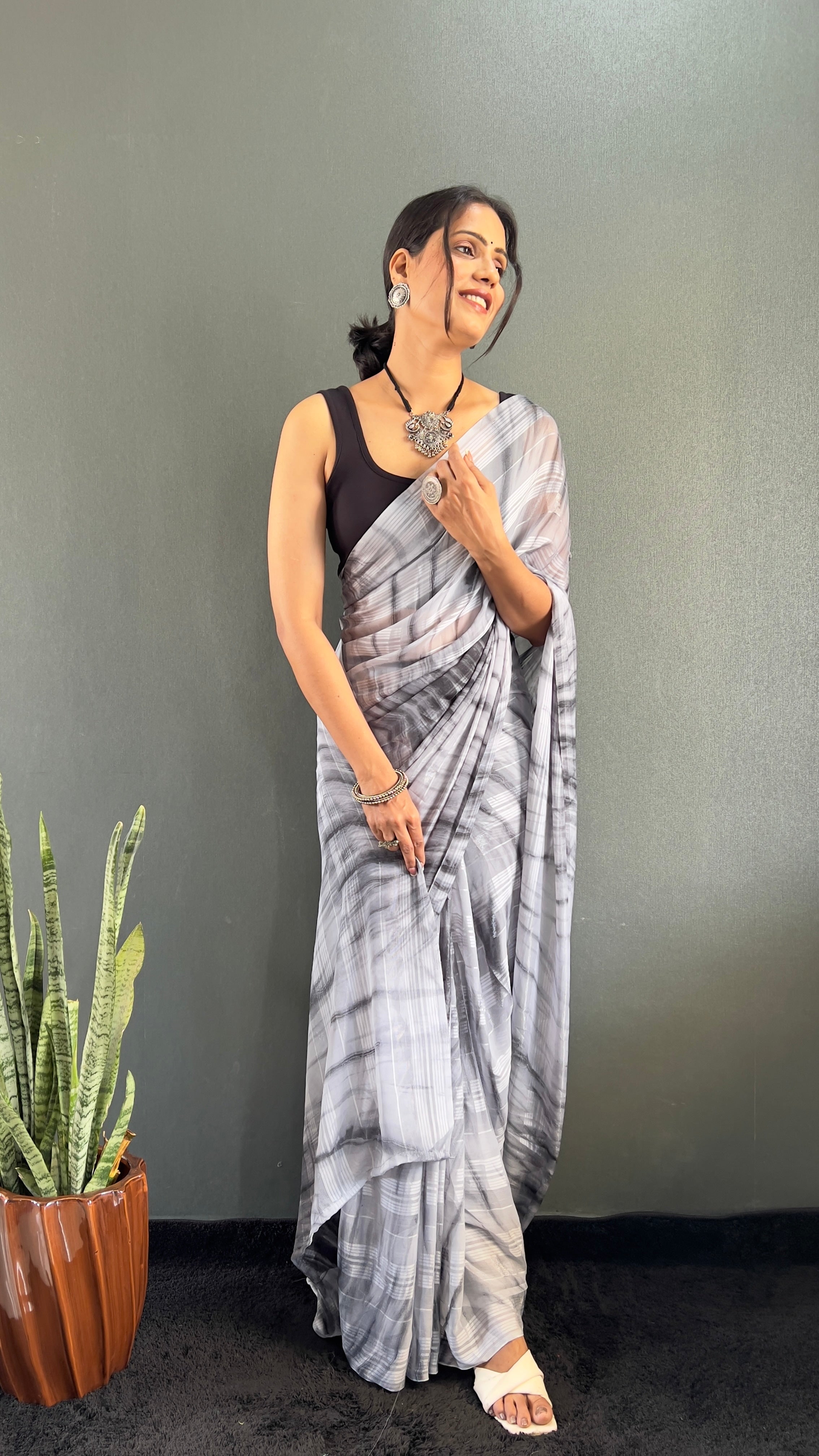 Annaya One Minute Ready To Wear Grey Saree with unstitch Blouse