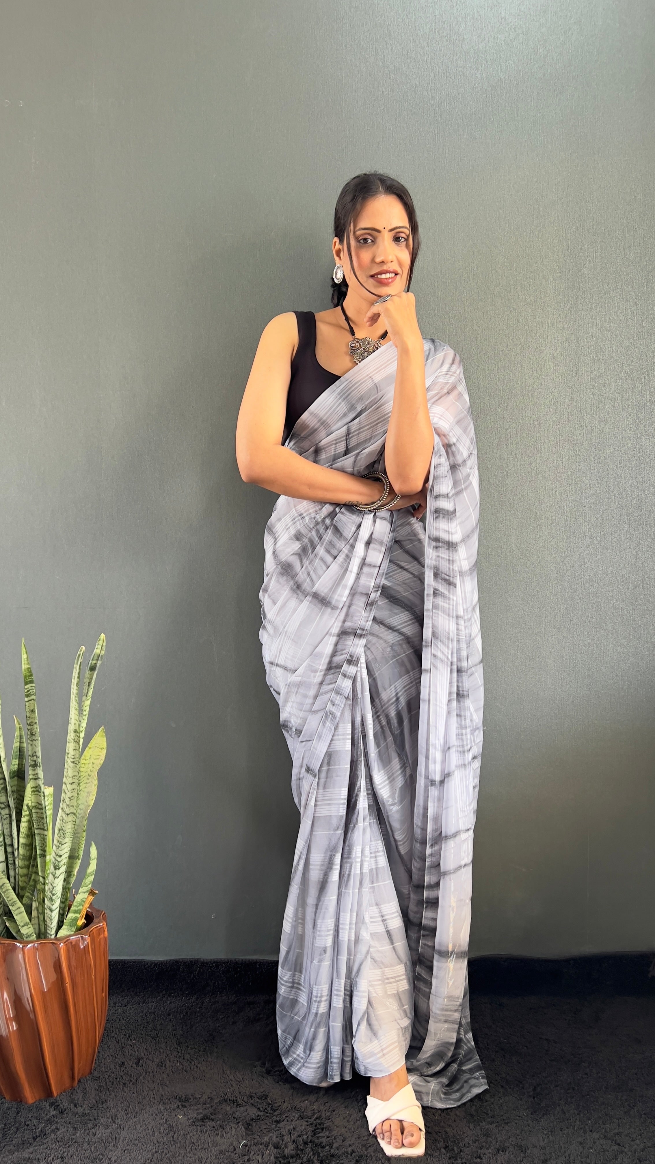Annaya One Minute Ready To Wear Grey Saree with unstitch Blouse