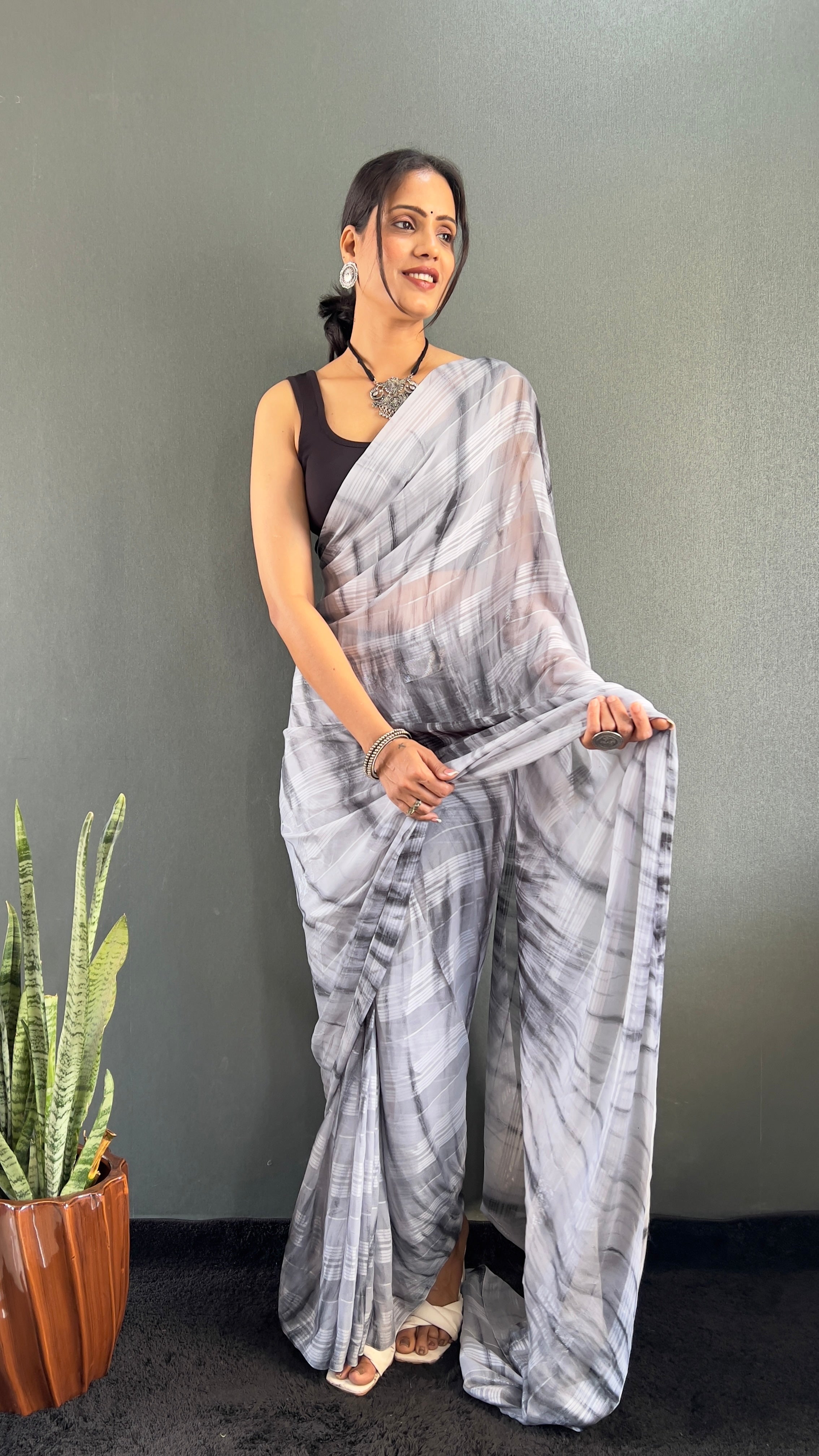 Annaya One Minute Ready To Wear Grey Saree with unstitch Blouse