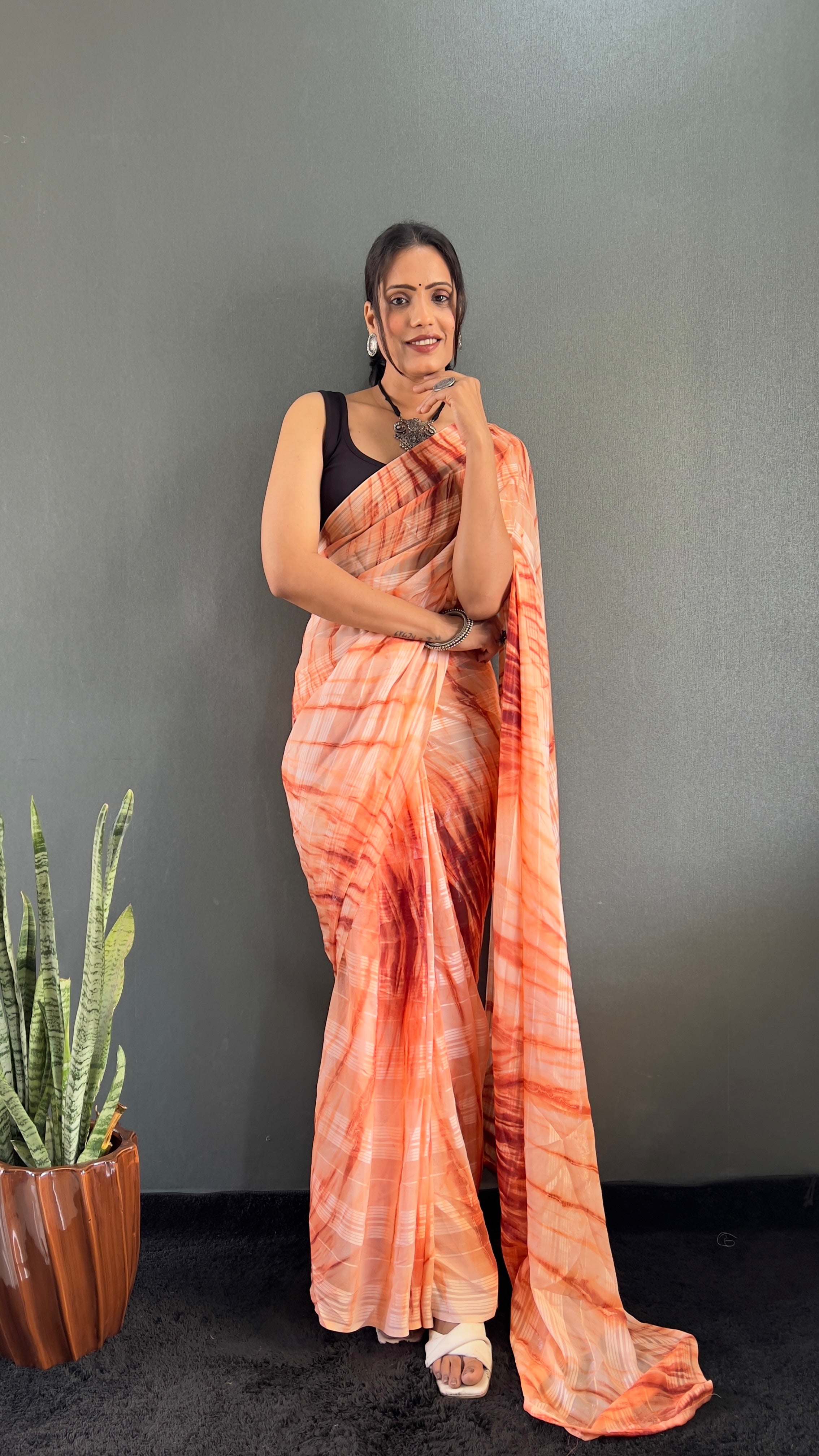 Annaya One Minute Ready To Wear Orange Saree with unstitch Blouse