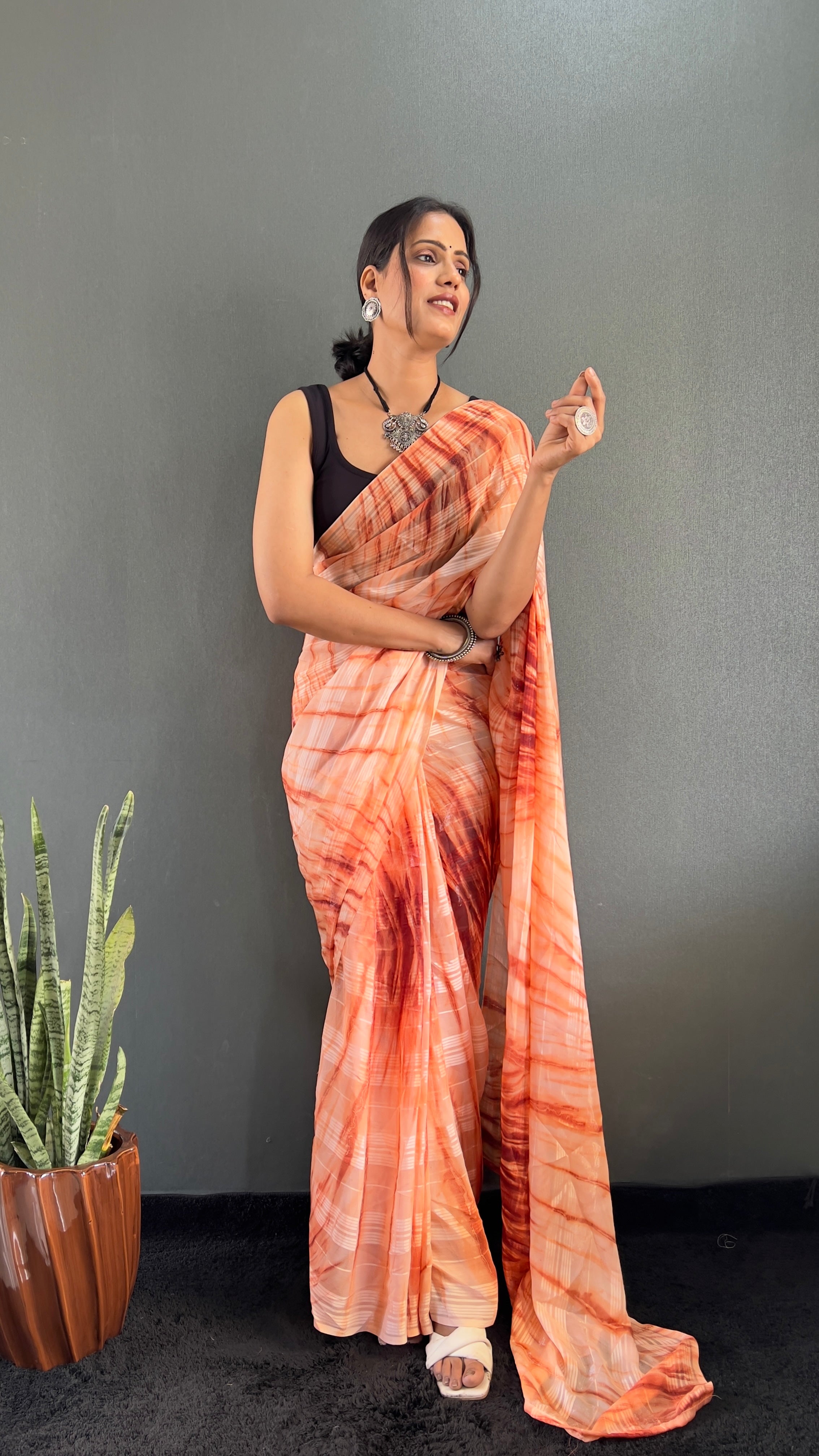 Annaya One Minute Ready To Wear Orange Saree with unstitch Blouse