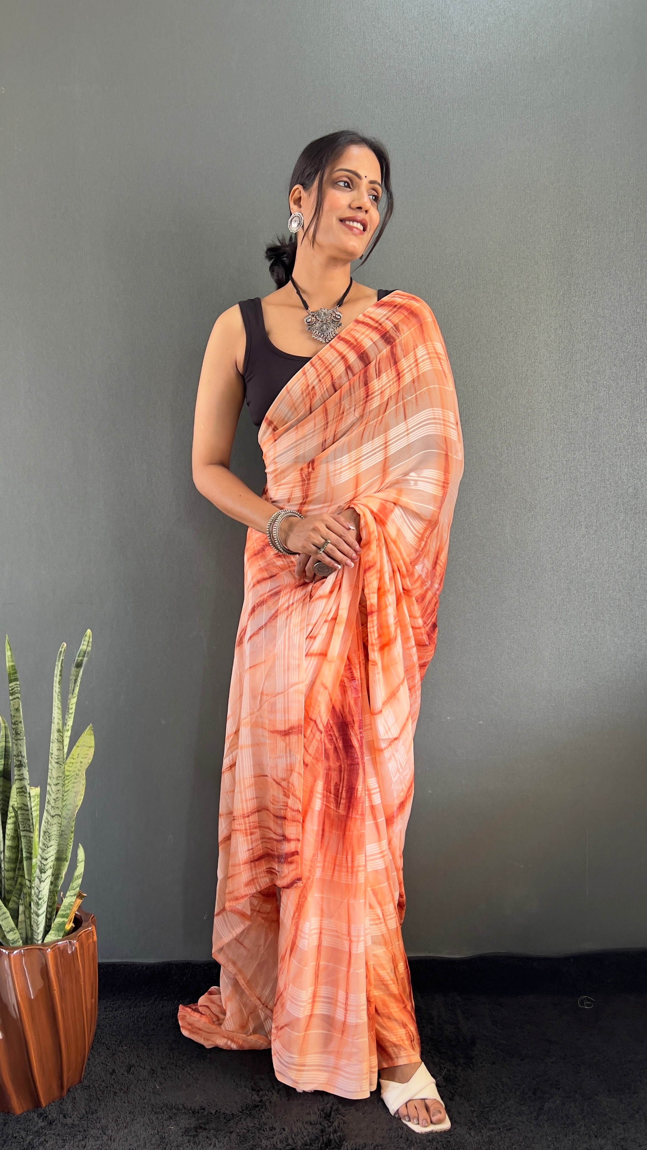 Annaya One Minute Ready To Wear Orange Saree with unstitch Blouse