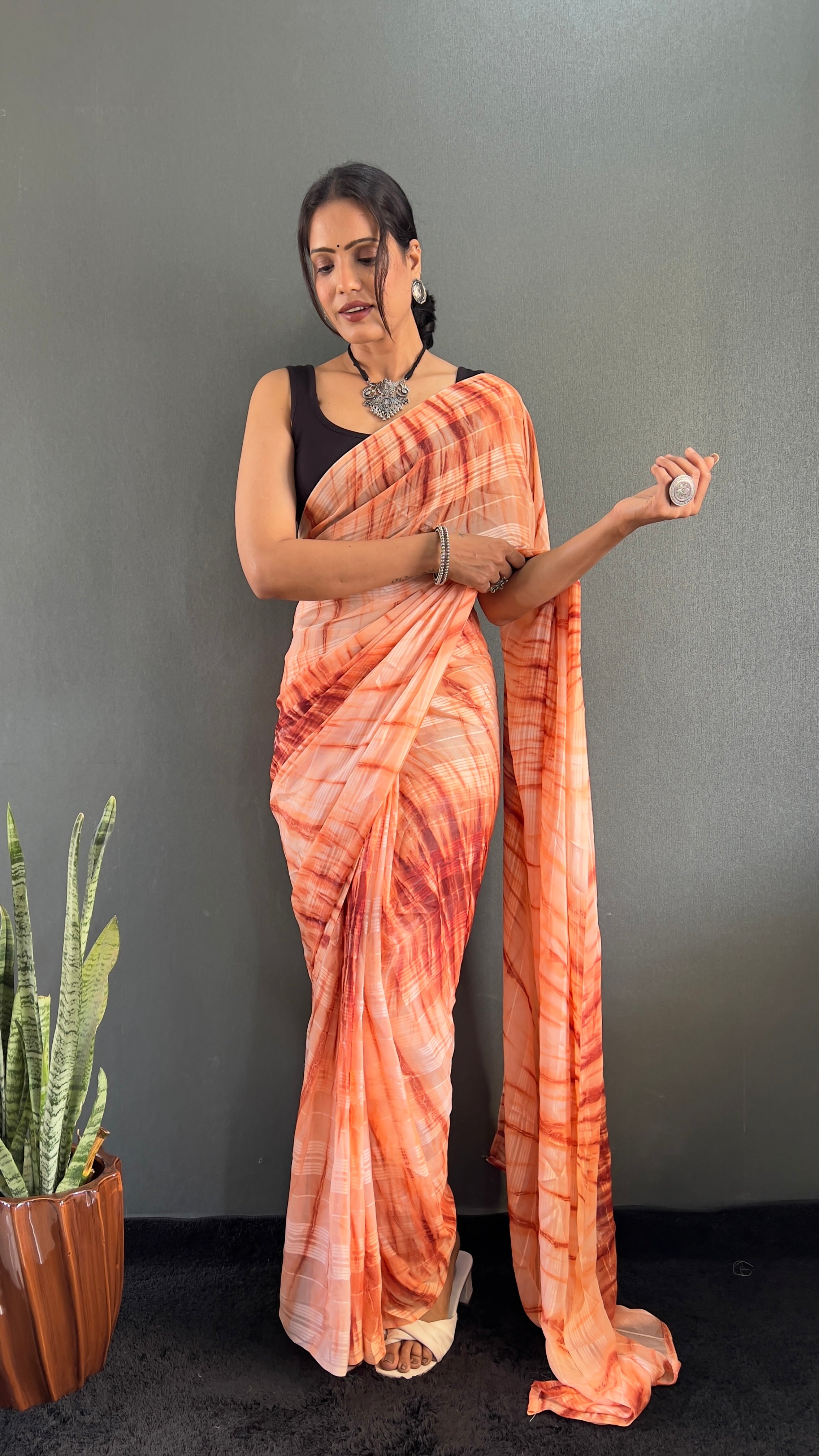 Annaya One Minute Ready To Wear Orange Saree with unstitch Blouse