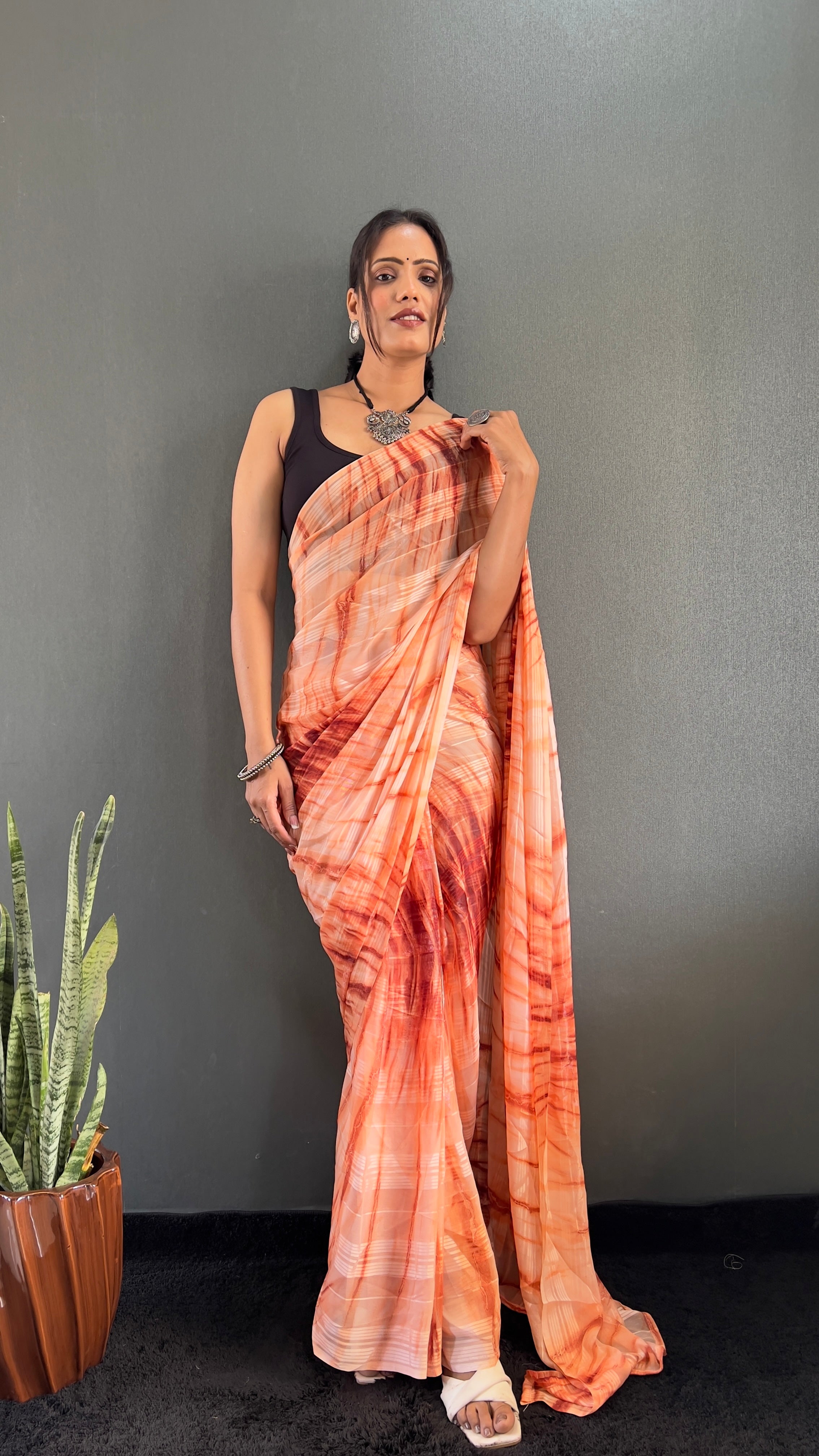 Annaya One Minute Ready To Wear Orange Saree with unstitch Blouse