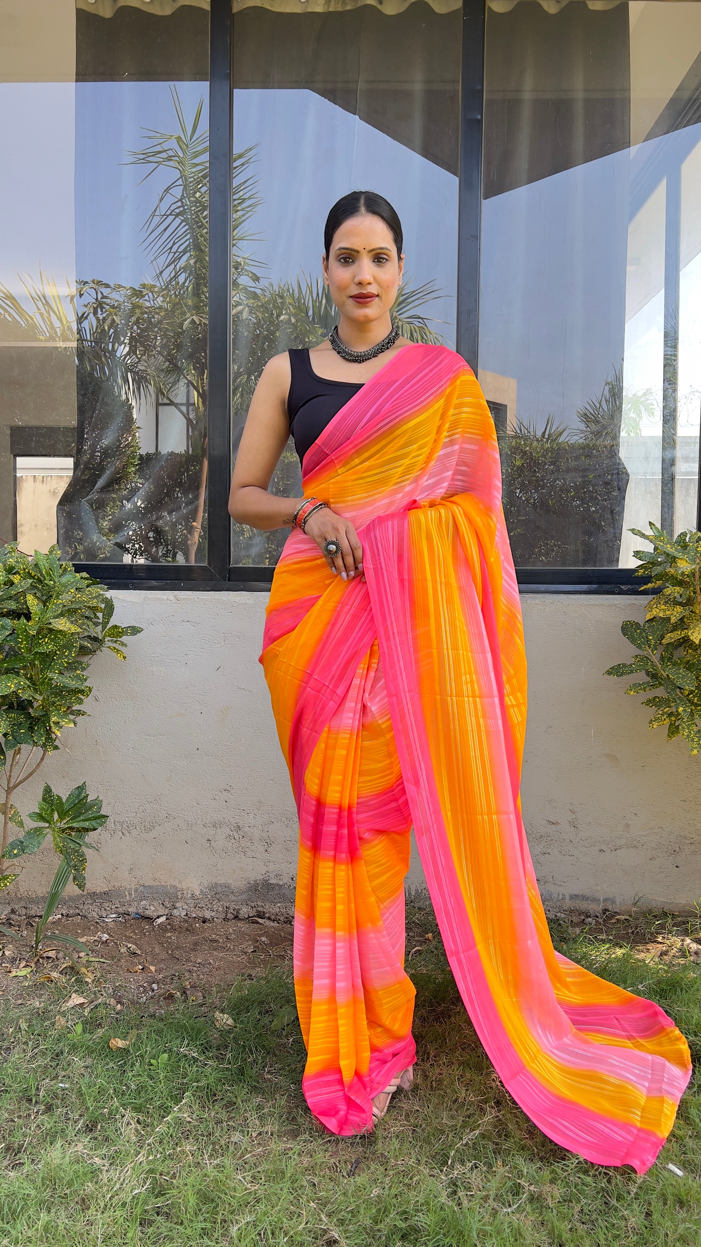 One Minute Ready To Wear New Orange and Yellow Sitara Print Saree Divashree