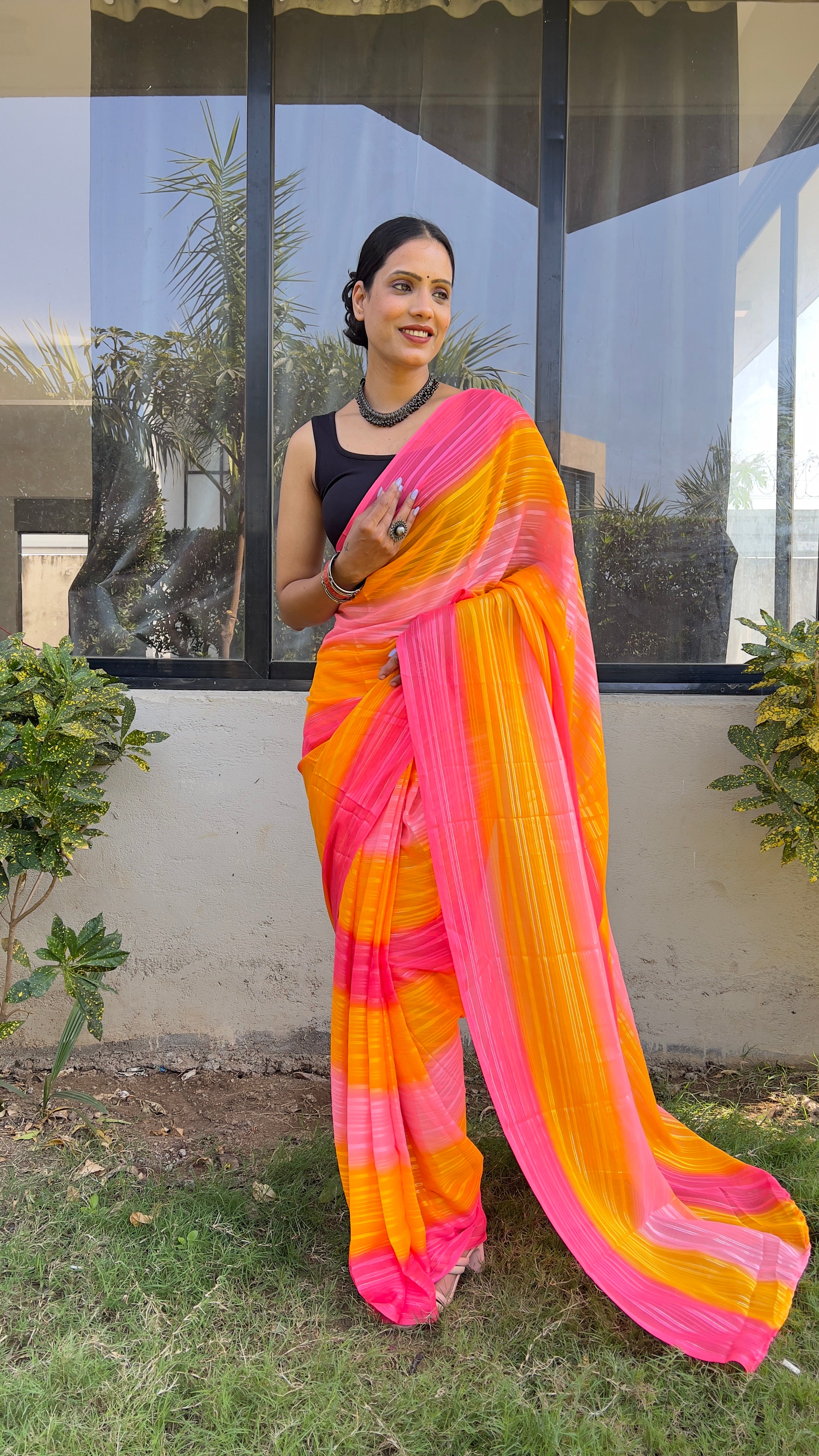 One Minute Ready To Wear New Orange and Yellow Sitara Print Saree Divashree