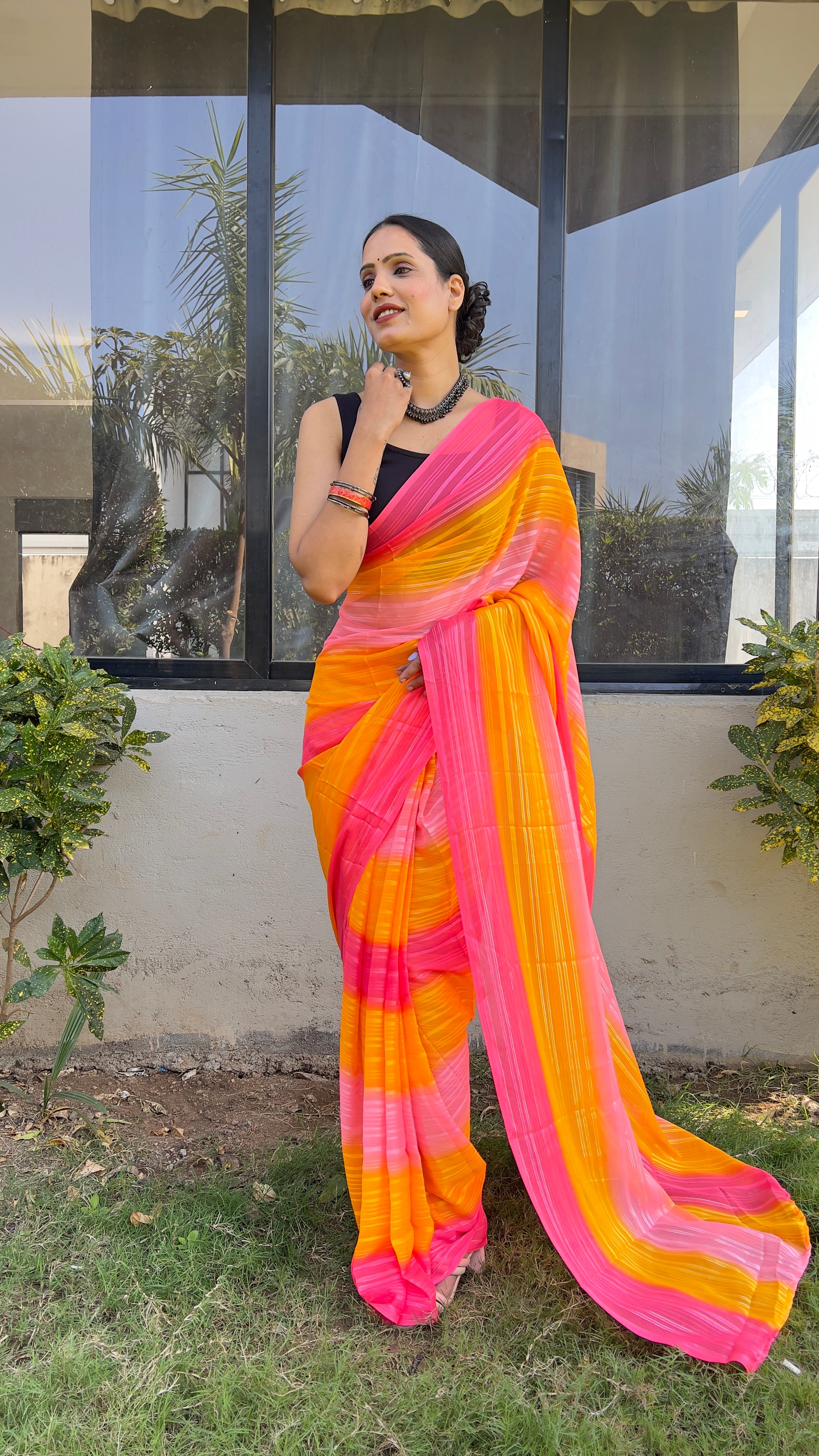 One Minute Ready To Wear New Orange and Yellow Sitara Print Saree Divashree