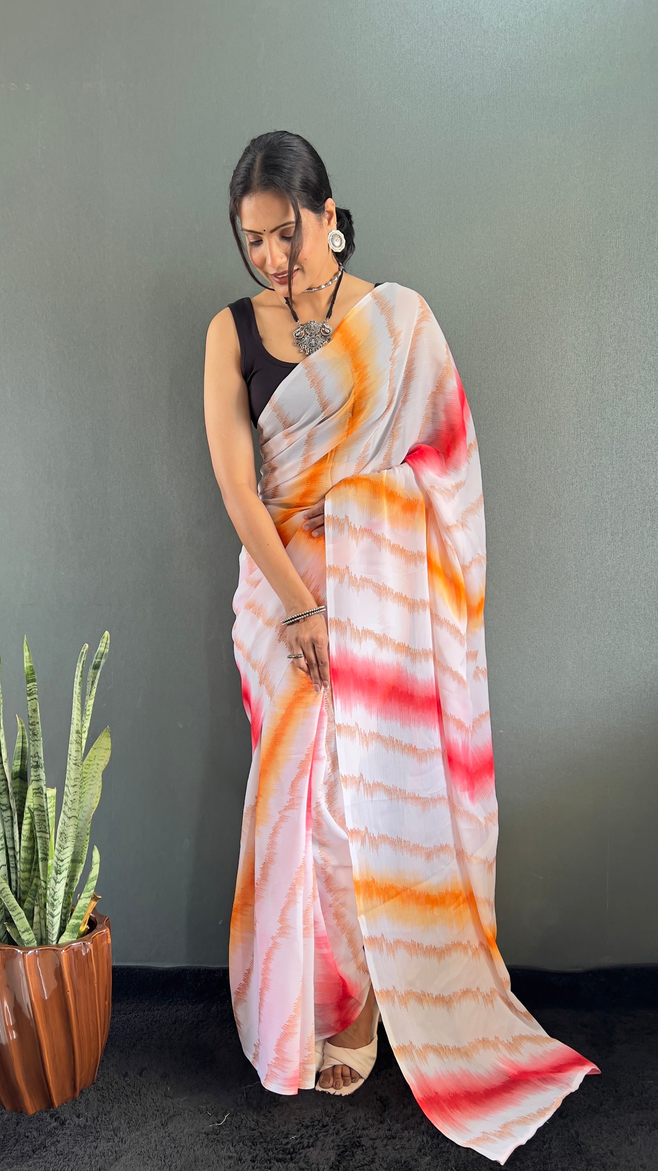 Anica One Minute Ready To Wear Red-Orange Saree With Unstiched Blouse