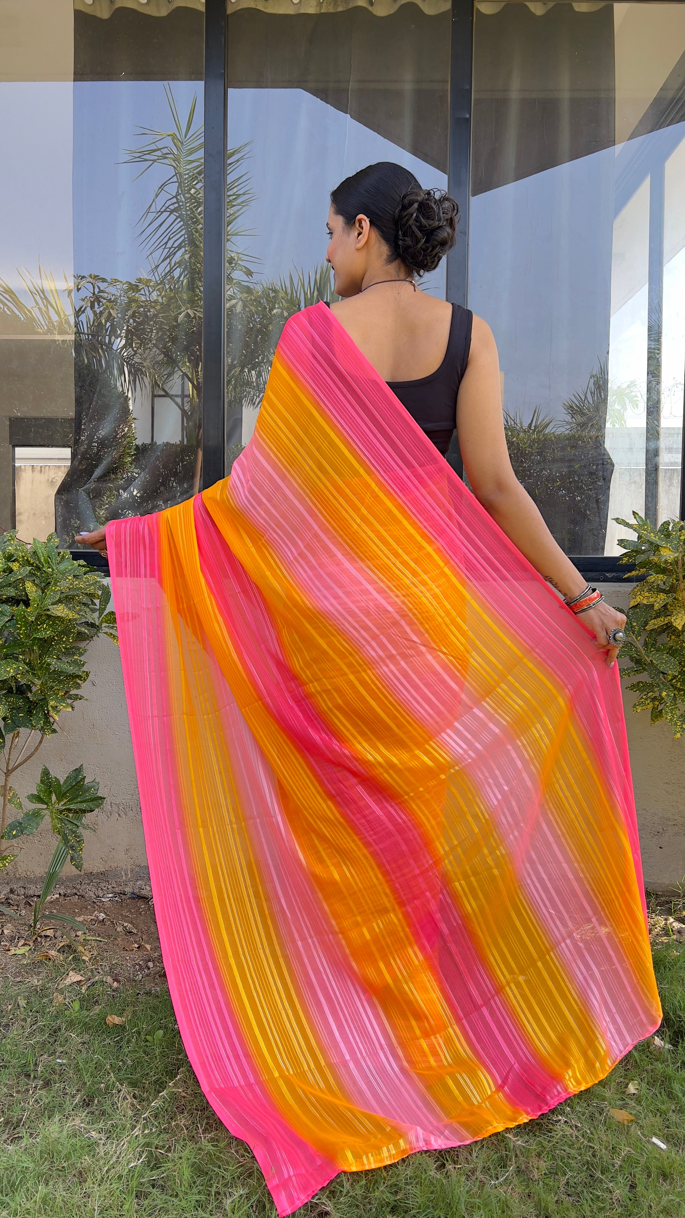 One Minute Ready To Wear New Orange and Yellow Sitara Print Saree Divashree