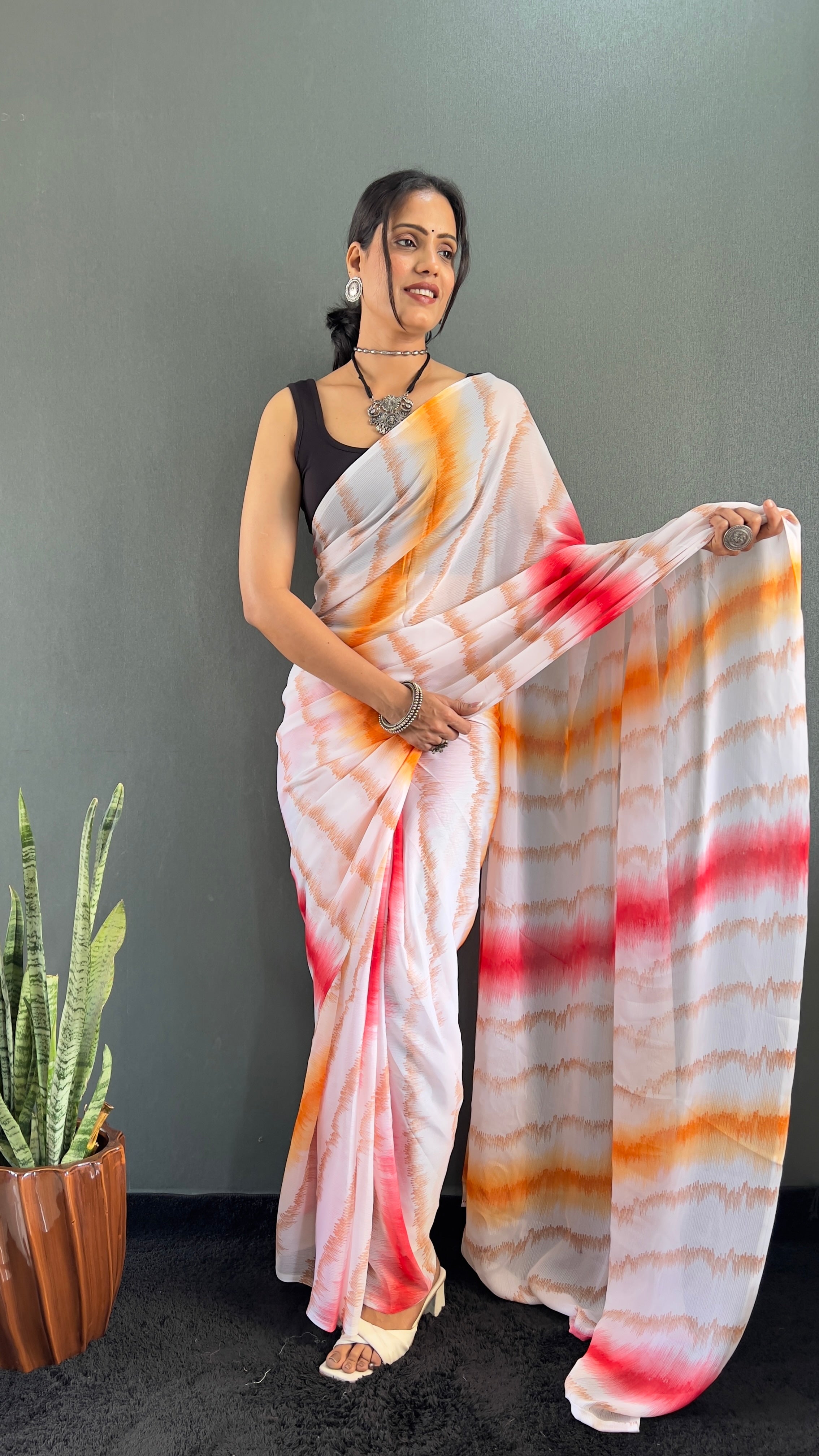 Anica One Minute Ready To Wear Red-Orange Saree With Unstiched Blouse