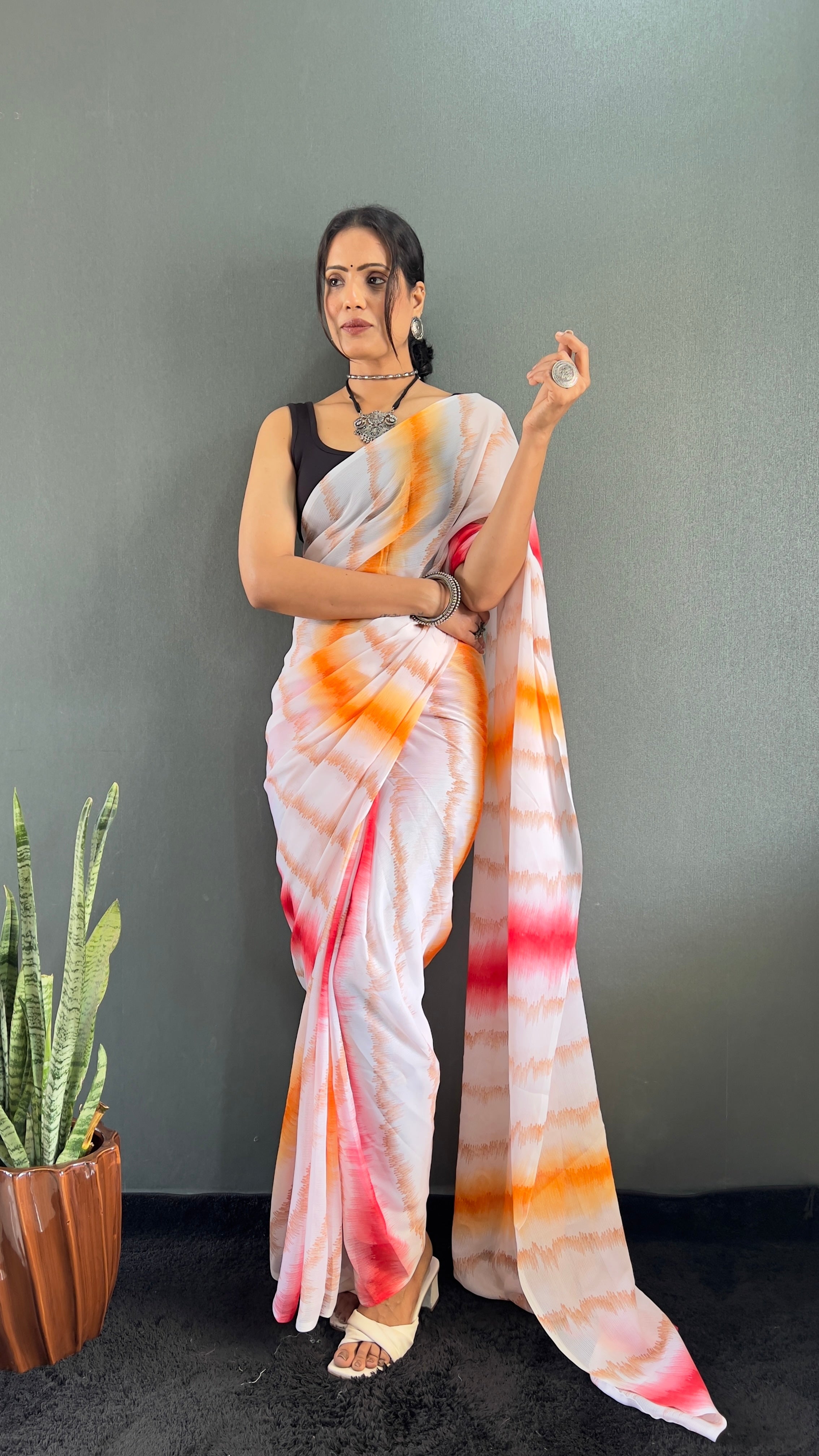 Anica One Minute Ready To Wear Red-Orange Saree With Unstiched Blouse