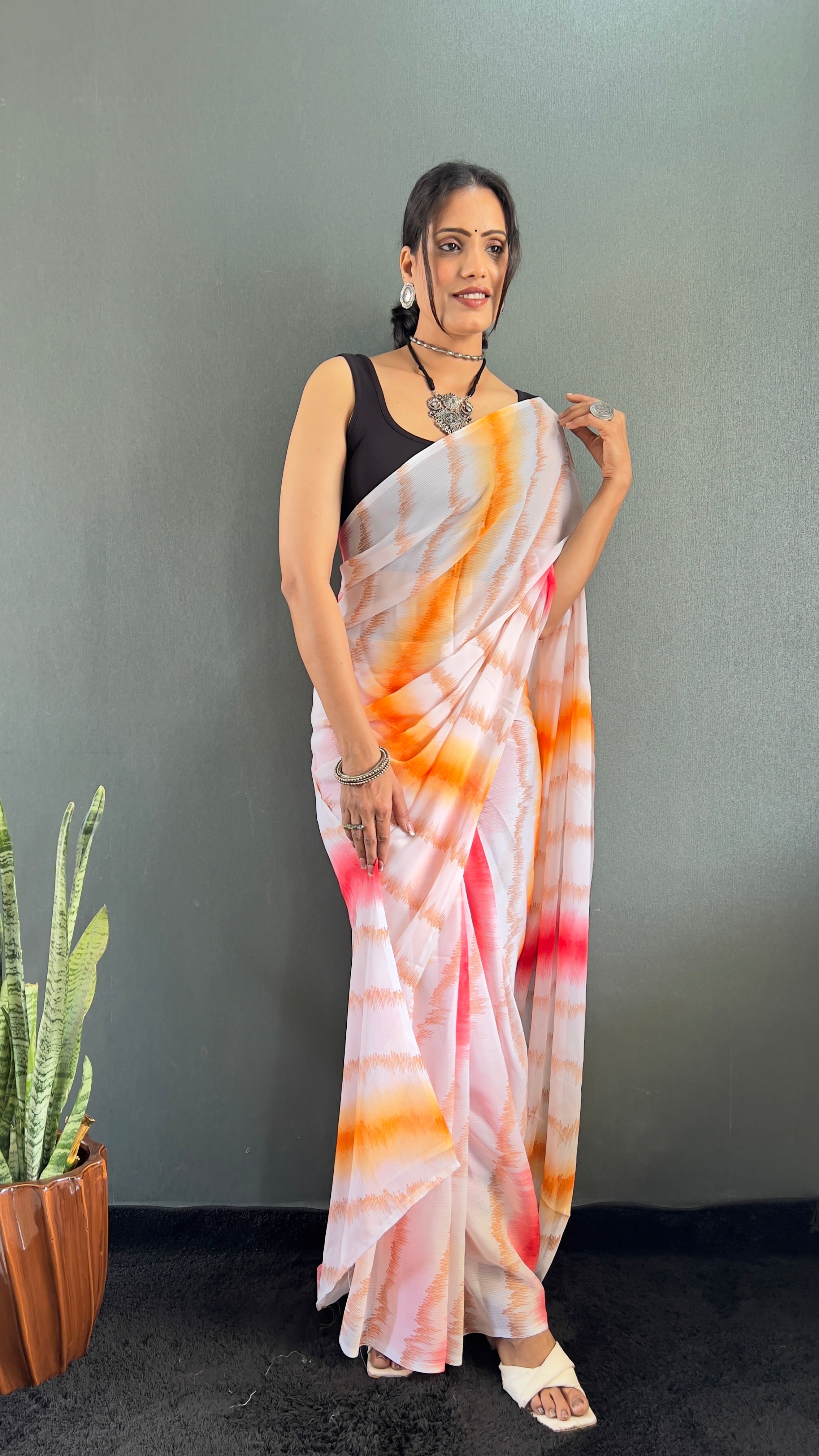 Anica One Minute Ready To Wear Red-Orange Saree With Unstiched Blouse