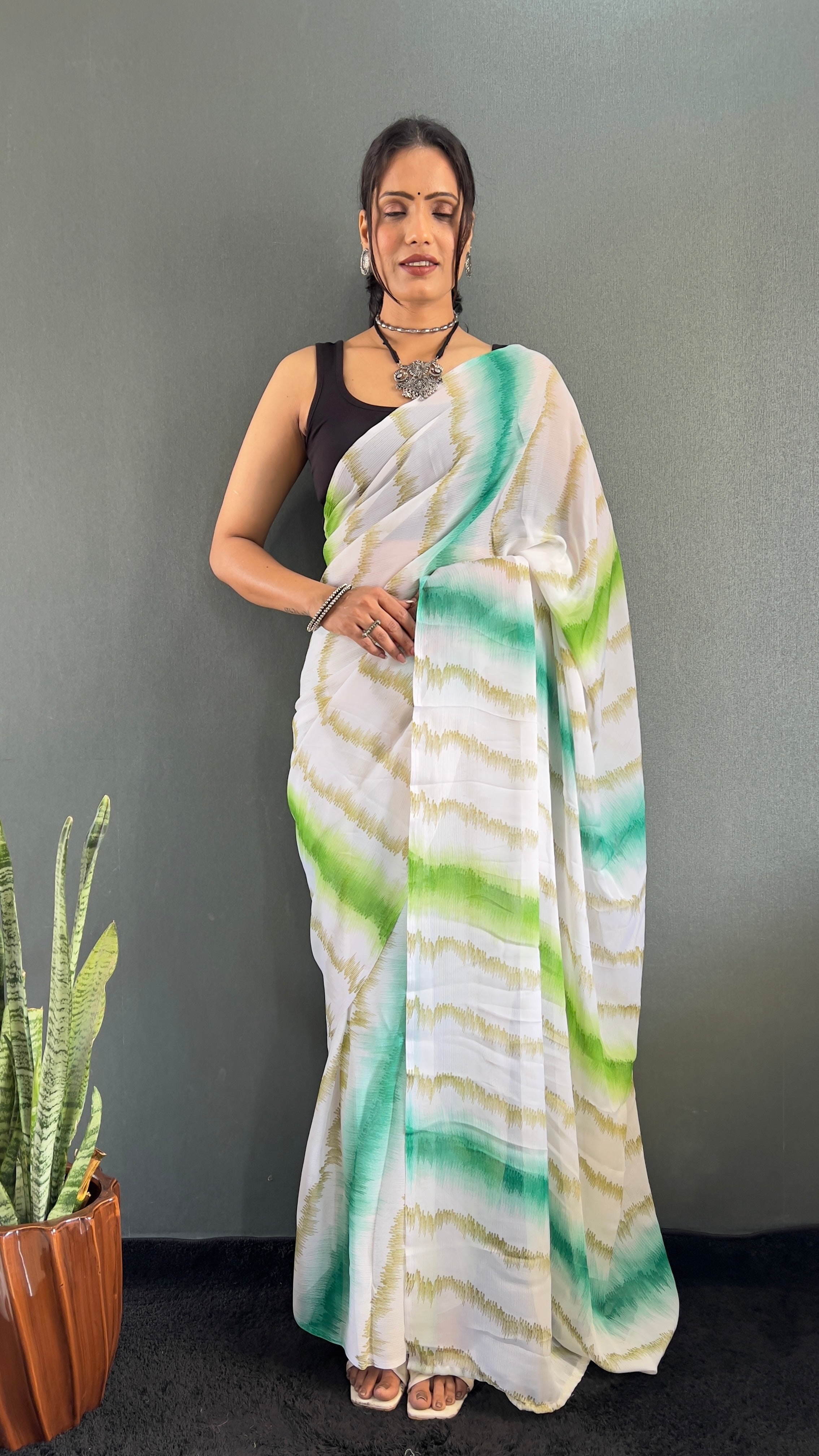 Anica One Minute Ready To Wear Green Saree With Unstiched Blouse