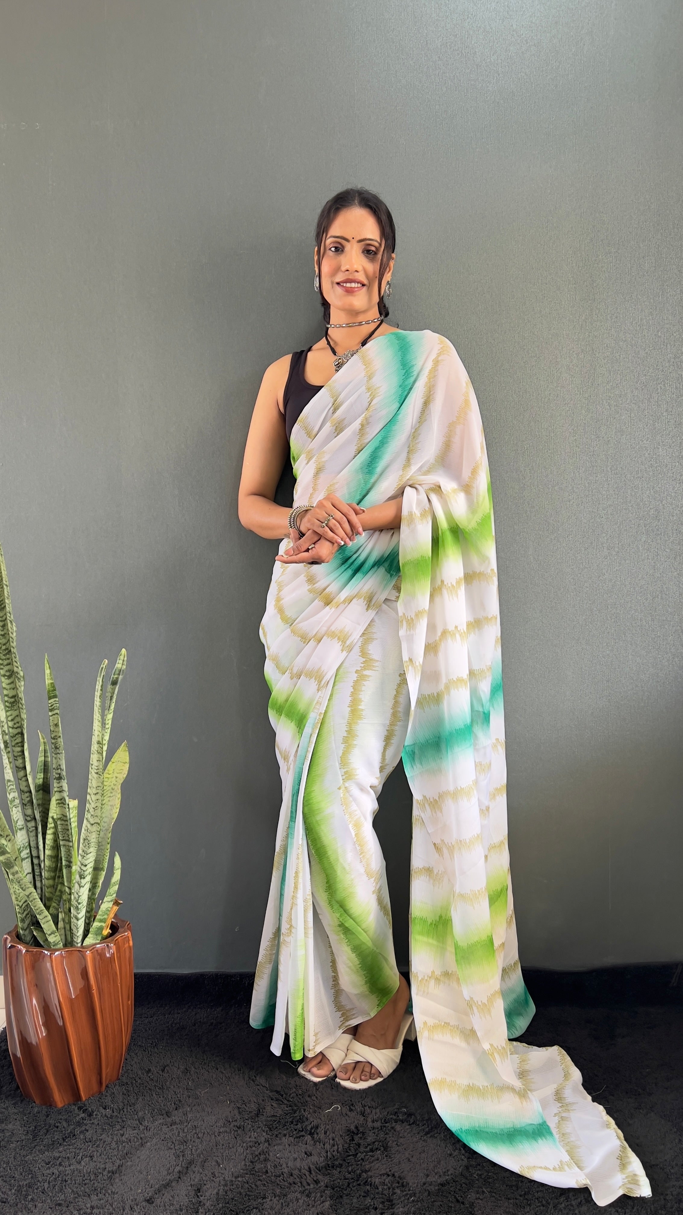 Anica One Minute Ready To Wear Green Saree With Unstiched Blouse