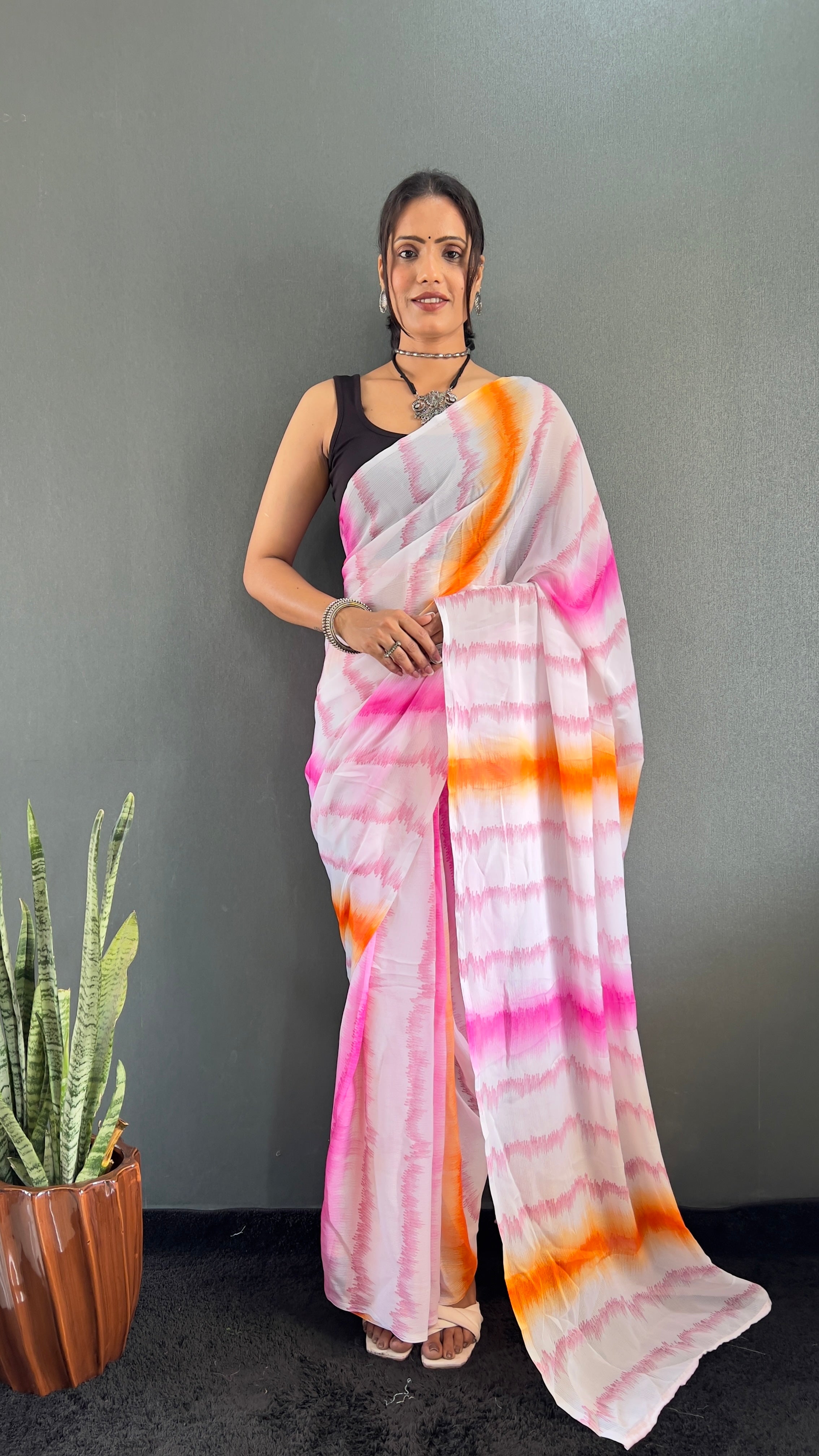 Anica One Minute Ready To Wear Pink-Orange Saree With Unstiched Blouse