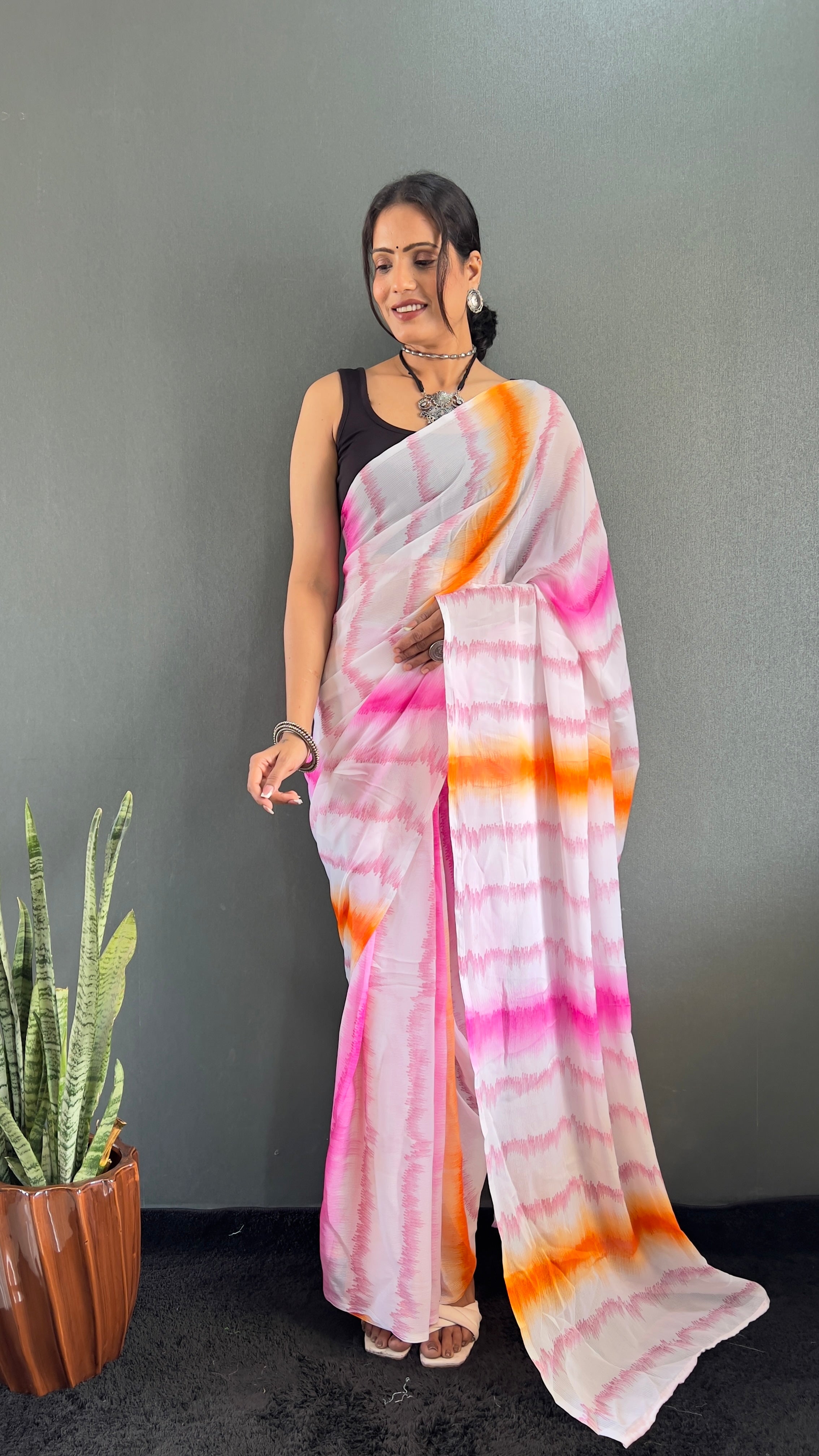 Anica One Minute Ready To Wear Pink-Orange Saree With Unstiched Blouse