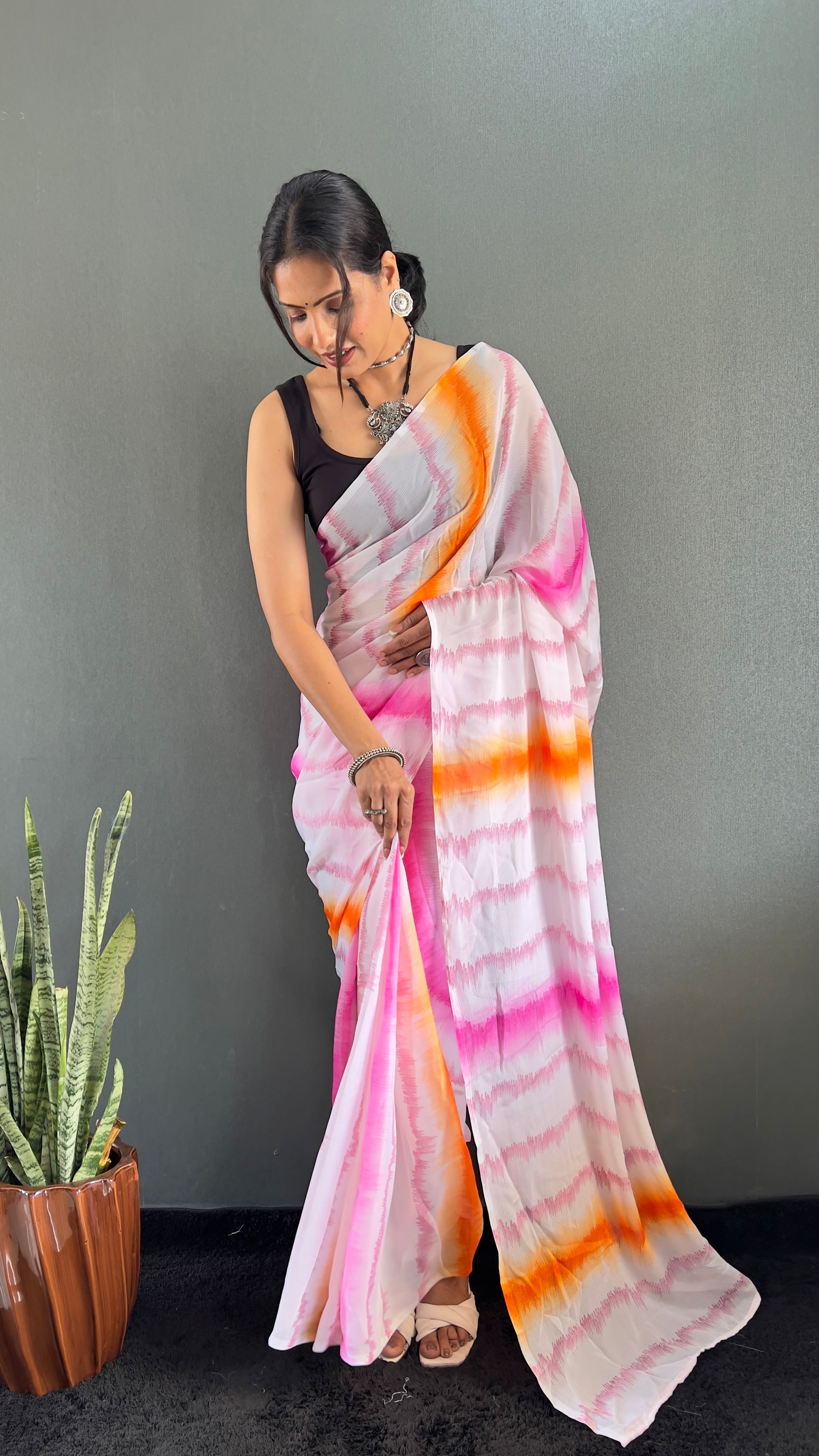 Anica One Minute Ready To Wear Pink-Orange Saree With Unstiched Blouse