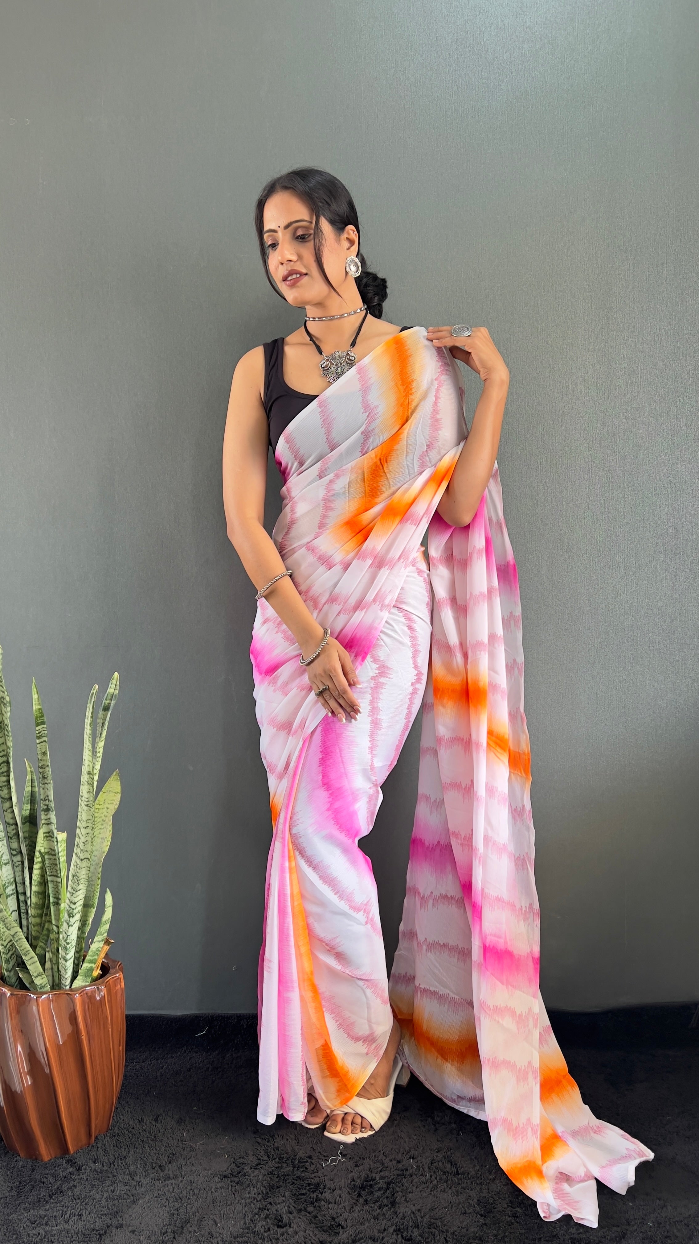 Anica One Minute Ready To Wear Pink-Orange Saree With Unstiched Blouse