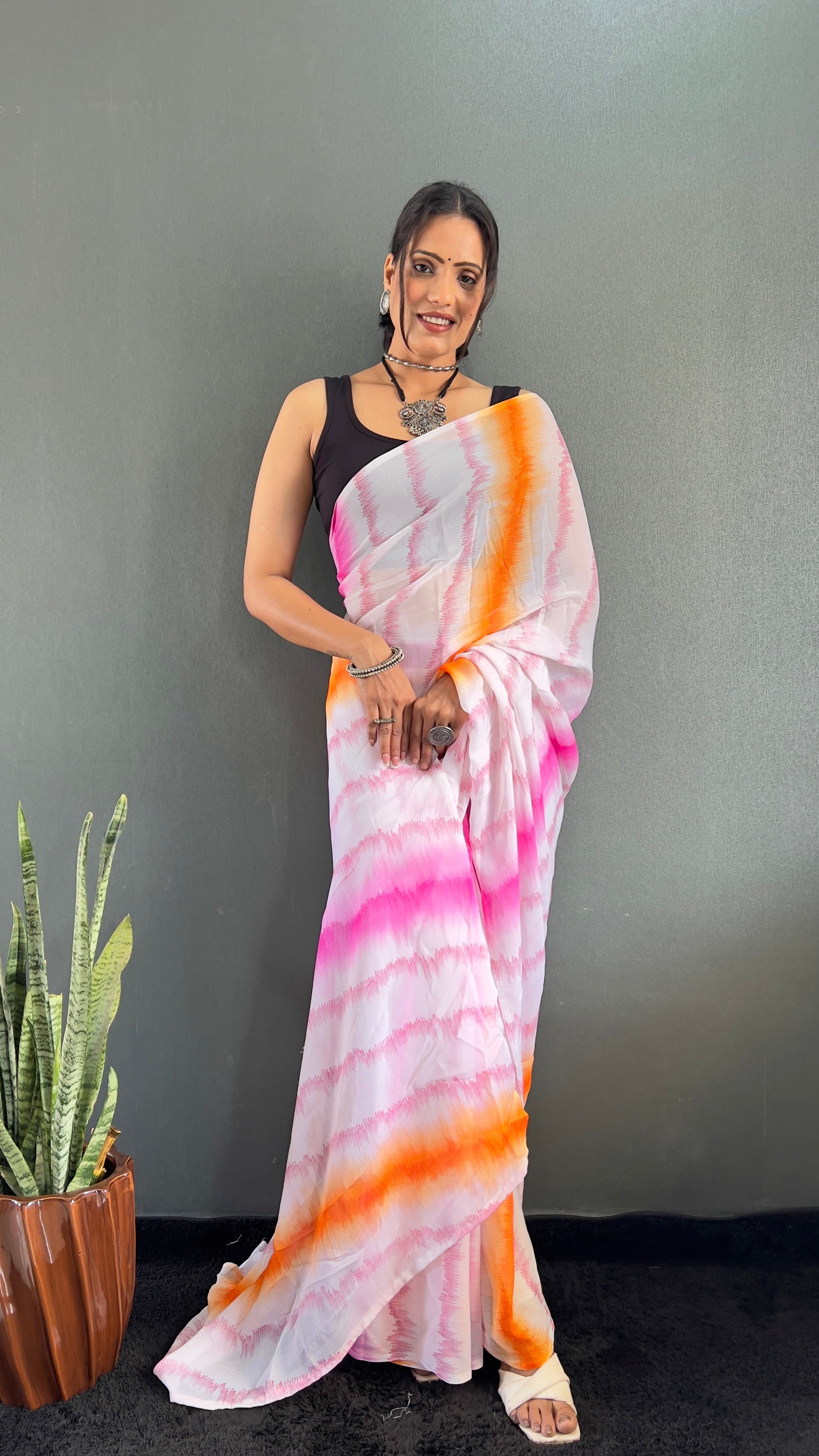 Anica One Minute Ready To Wear Pink-Orange Saree With Unstiched Blouse