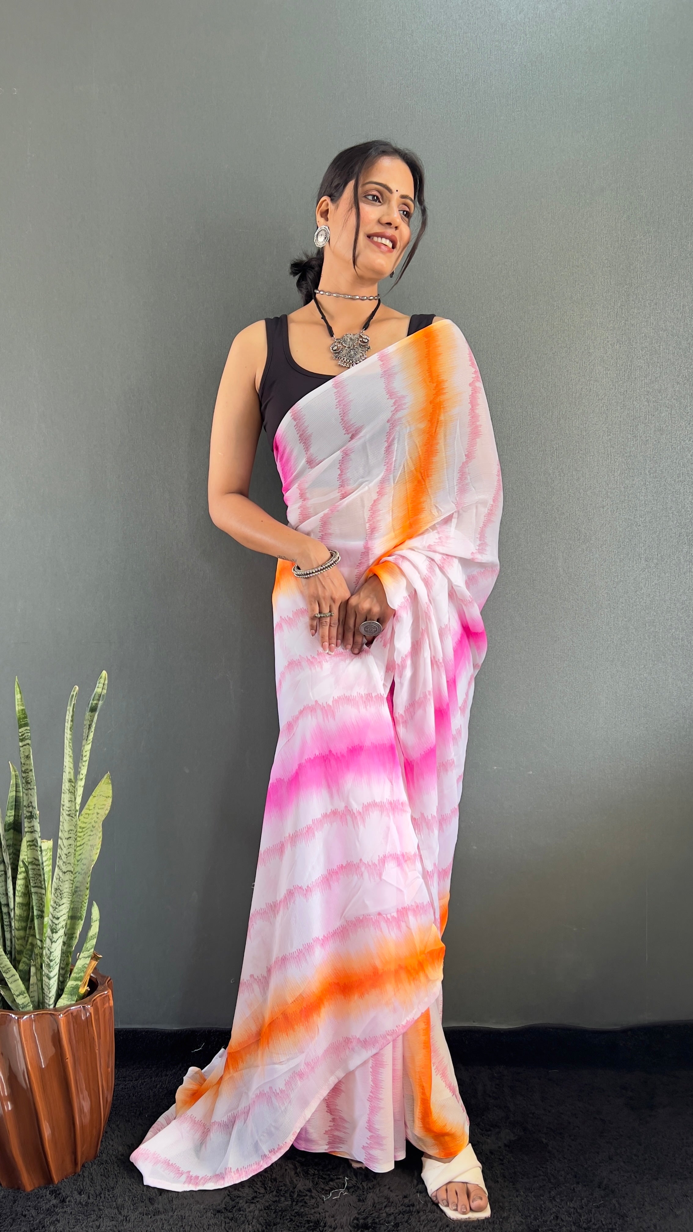 Anica One Minute Ready To Wear Pink-Orange Saree With Unstiched Blouse