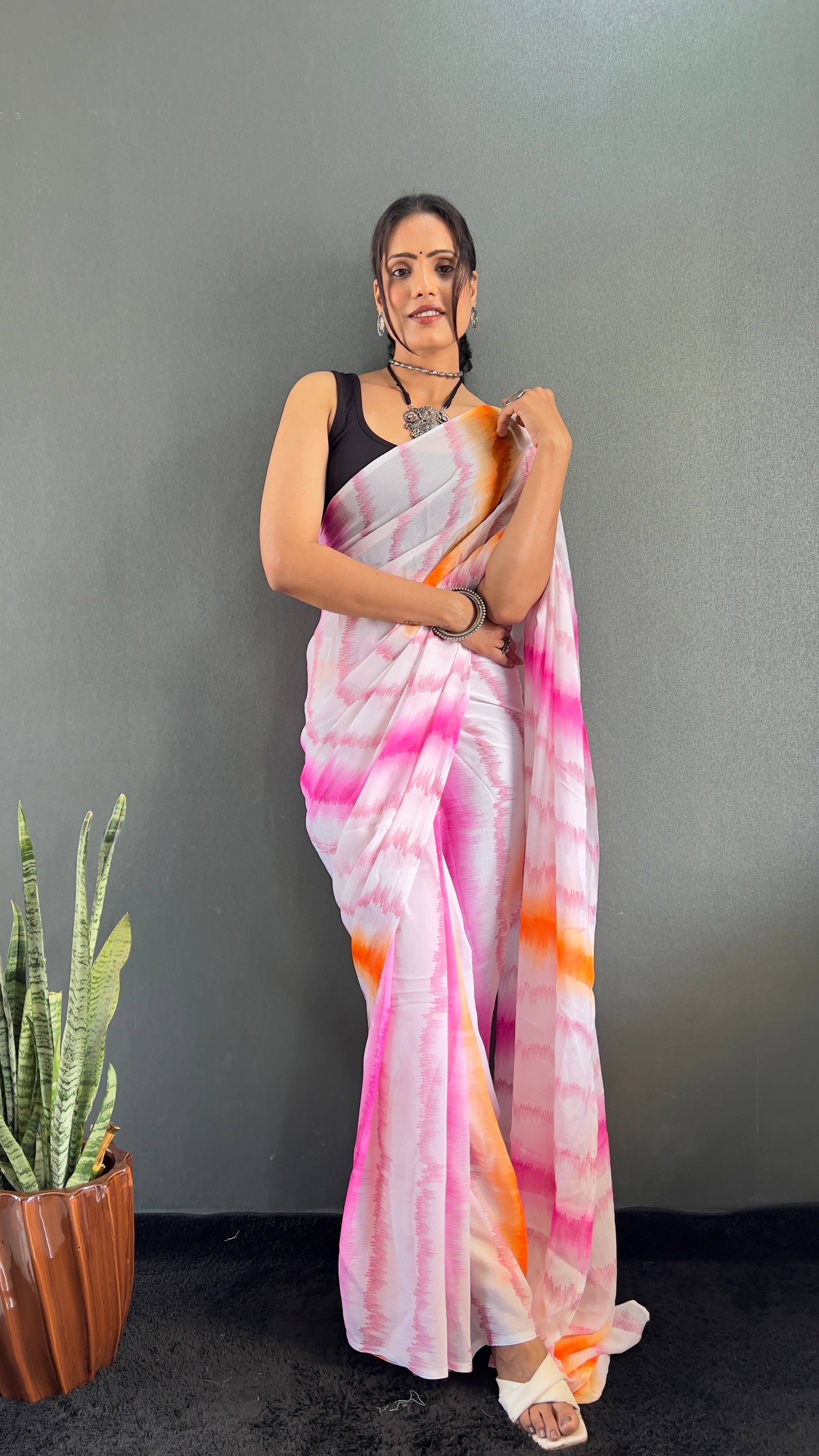 Anica One Minute Ready To Wear Pink-Orange Saree With Unstiched Blouse