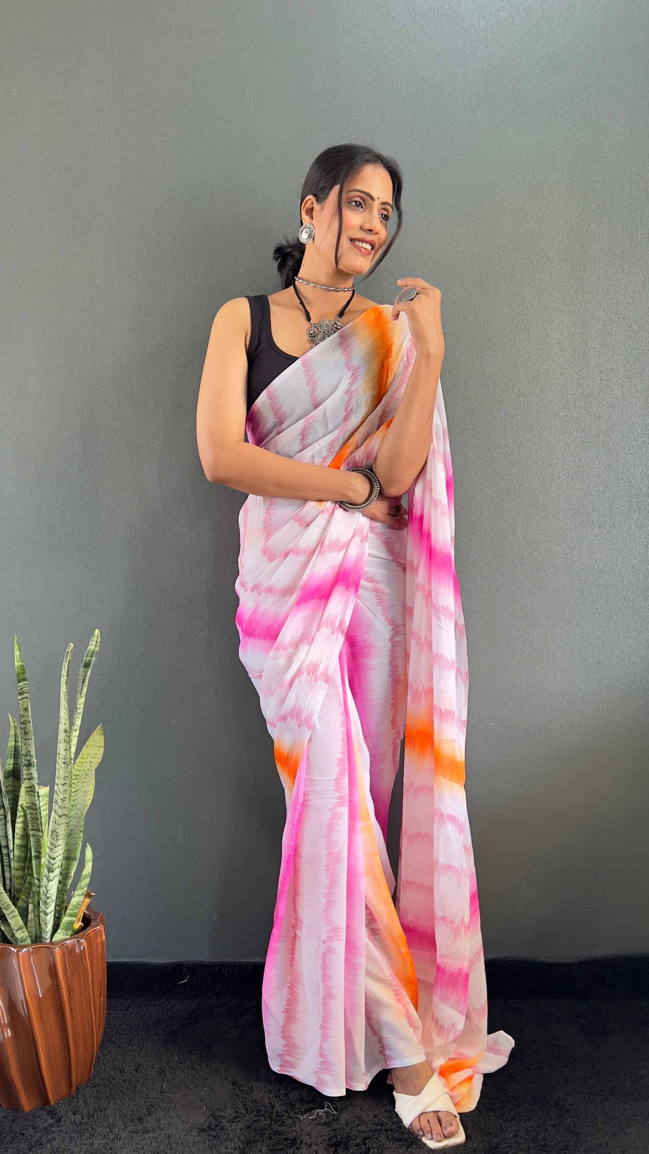 Anica One Minute Ready To Wear Pink-Orange Saree With Unstiched Blouse