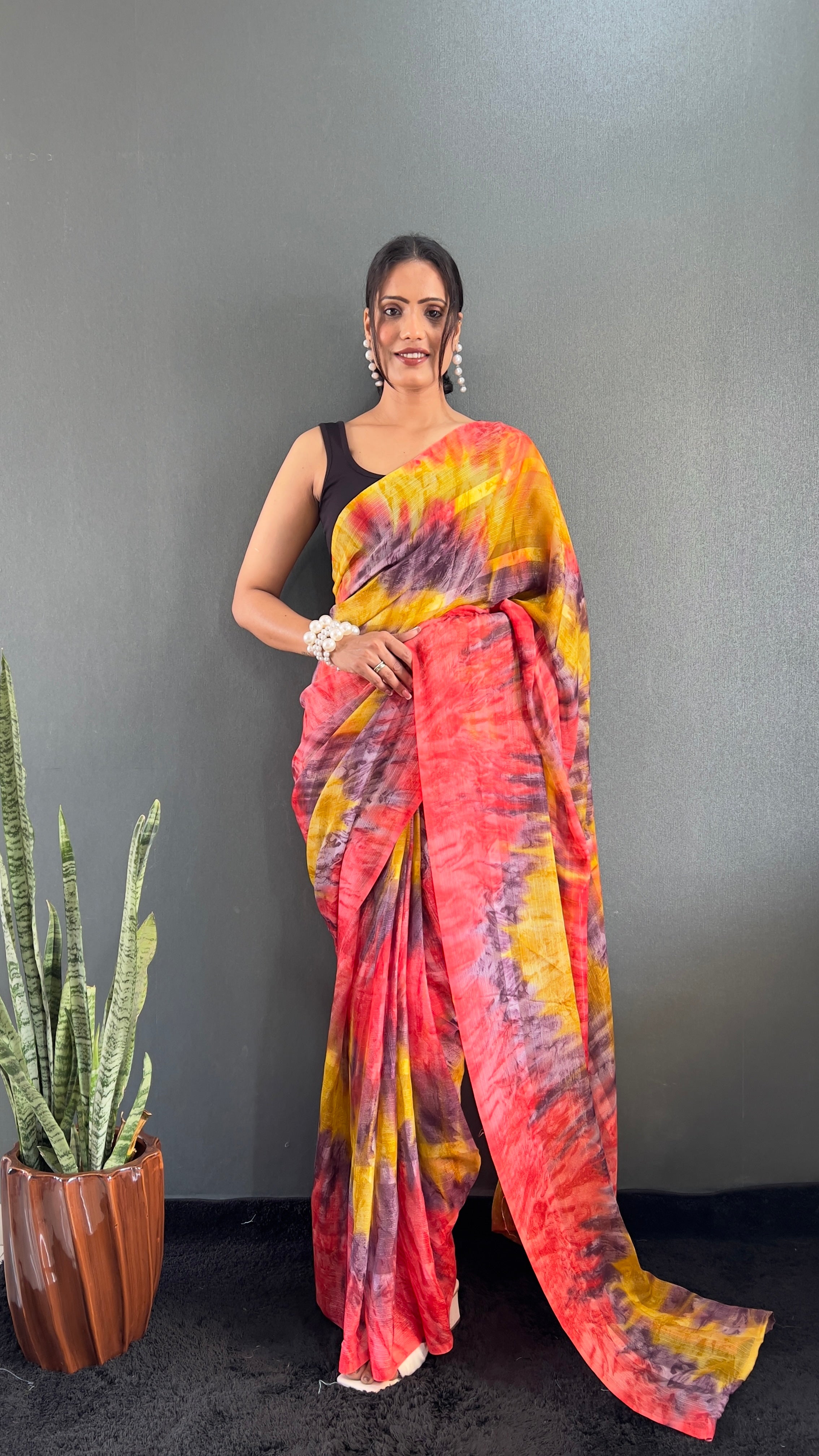 Renee One Minute Ready To Wear Yellow-Grey Saree With Unstiched Blouse