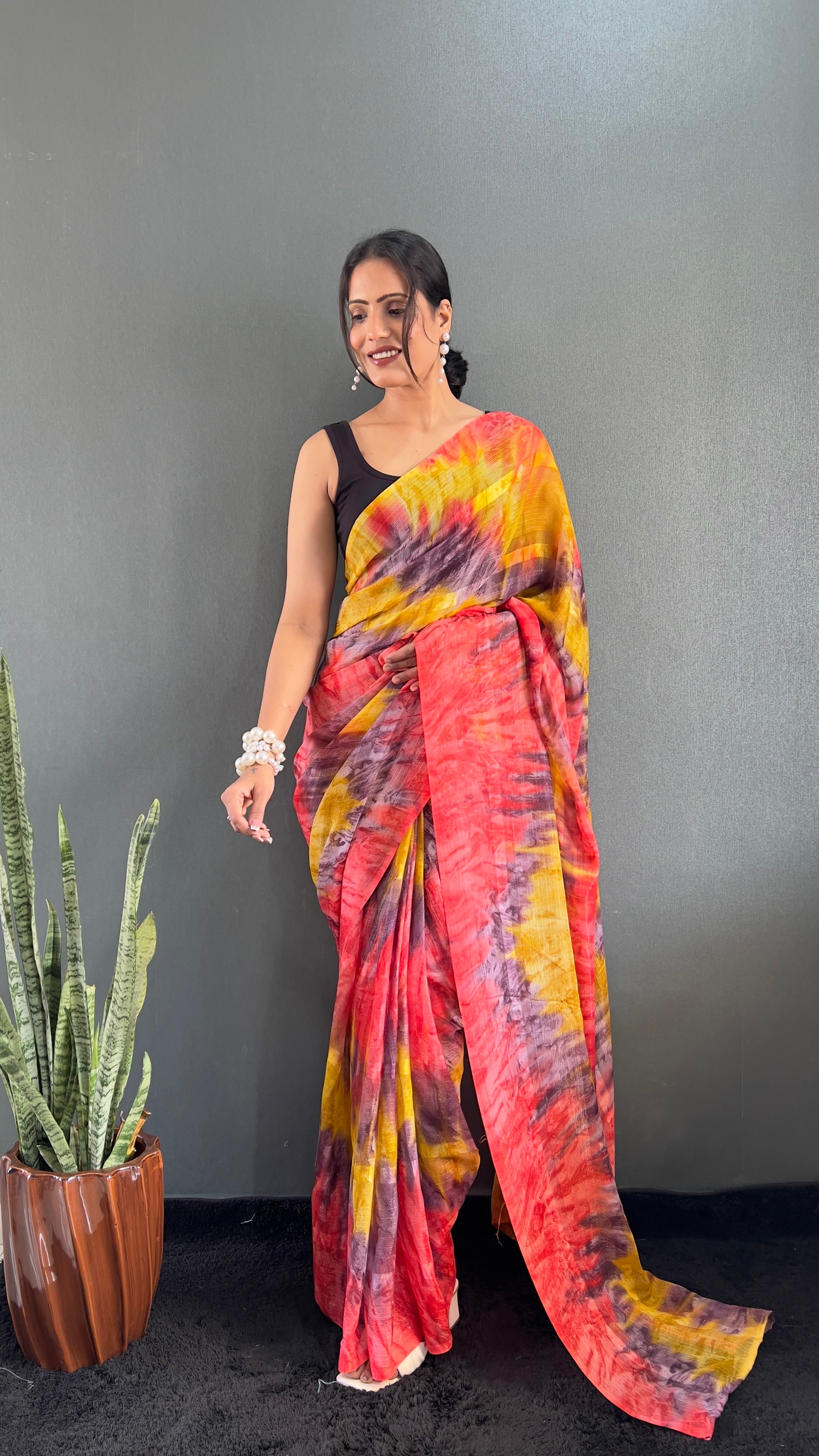 Renee One Minute Ready To Wear Yellow-Grey Saree With Unstiched Blouse