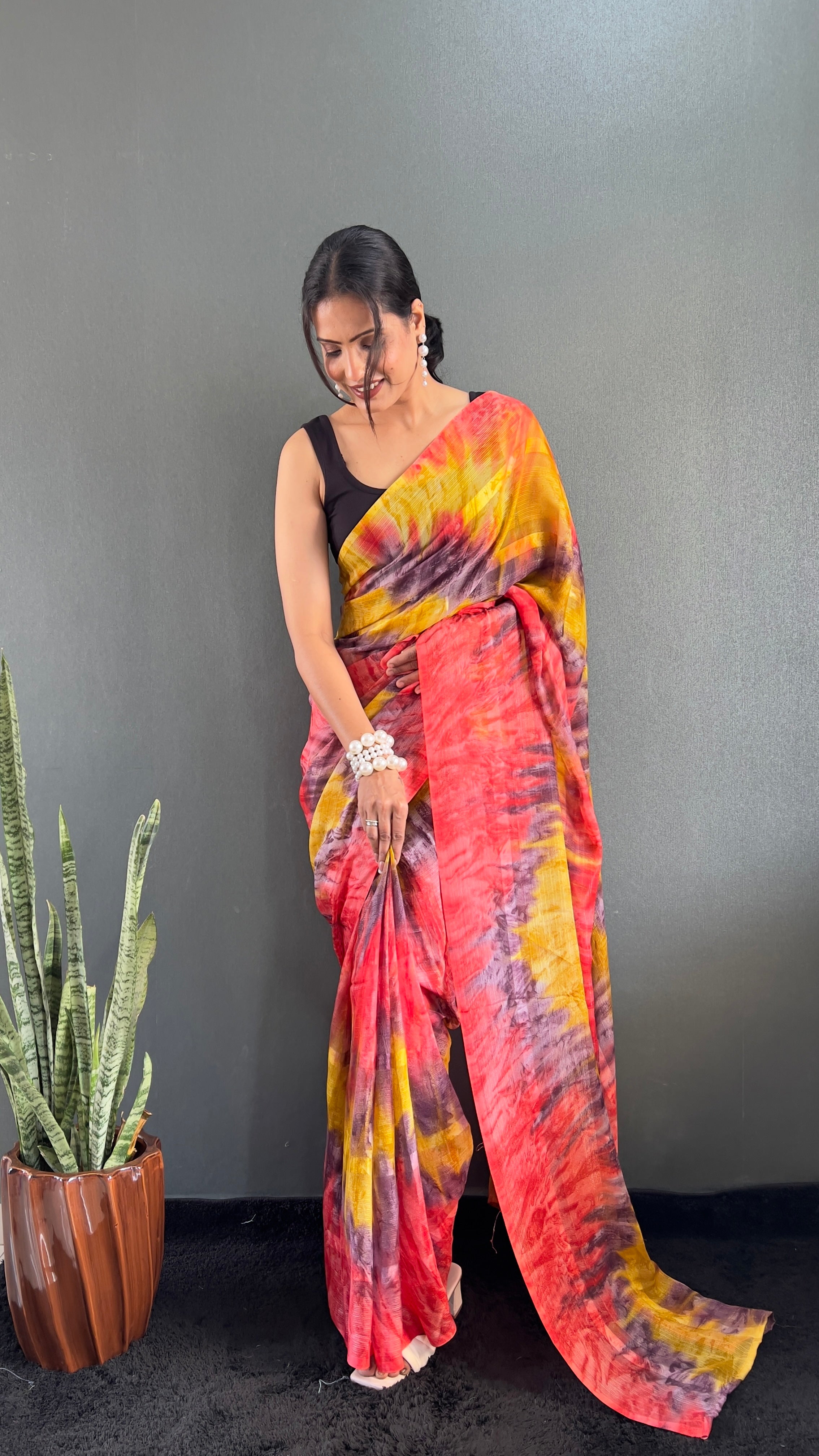 Renee One Minute Ready To Wear Yellow-Grey Saree With Unstiched Blouse