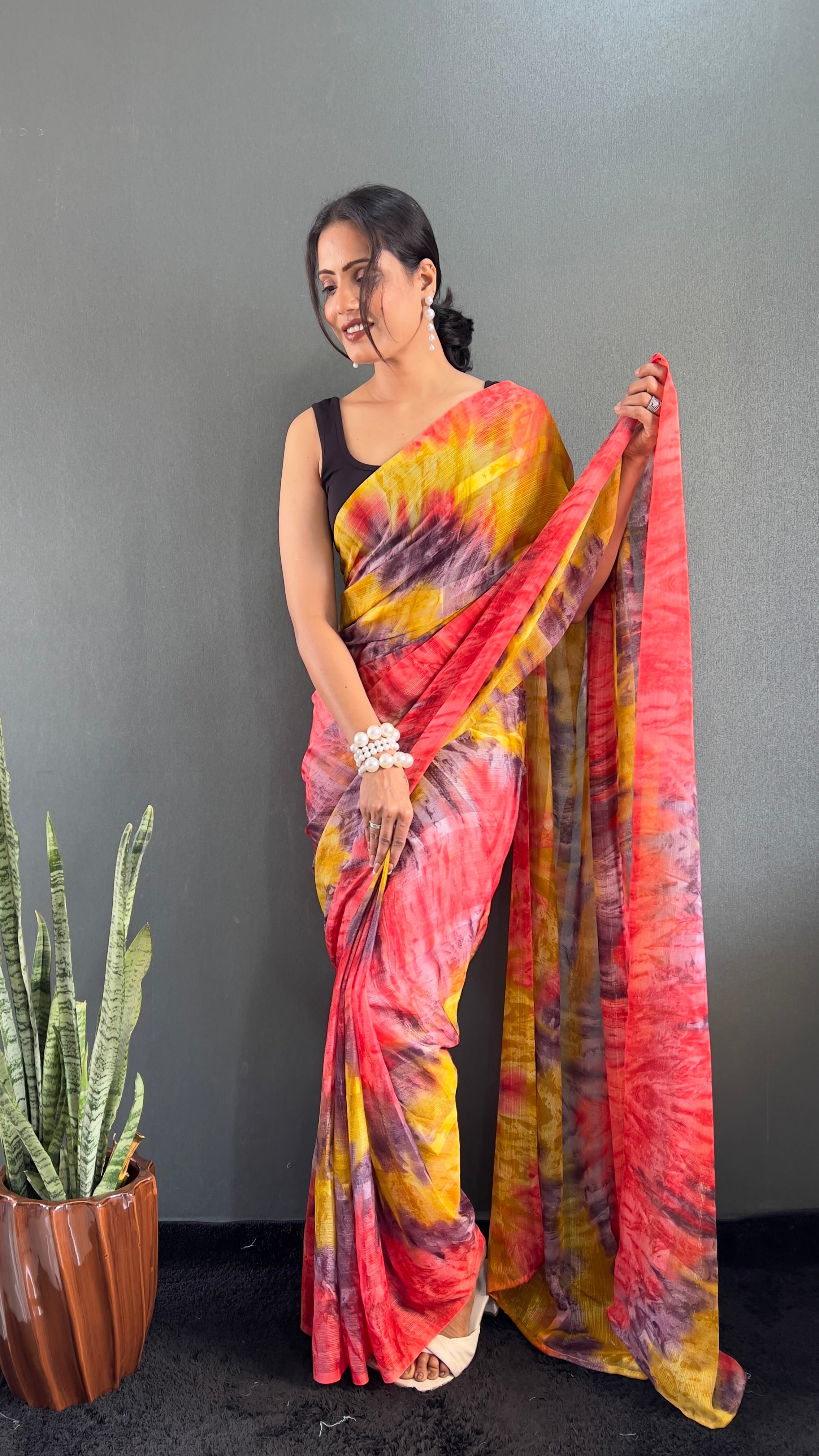 Renee One Minute Ready To Wear Yellow-Grey Saree With Unstiched Blouse