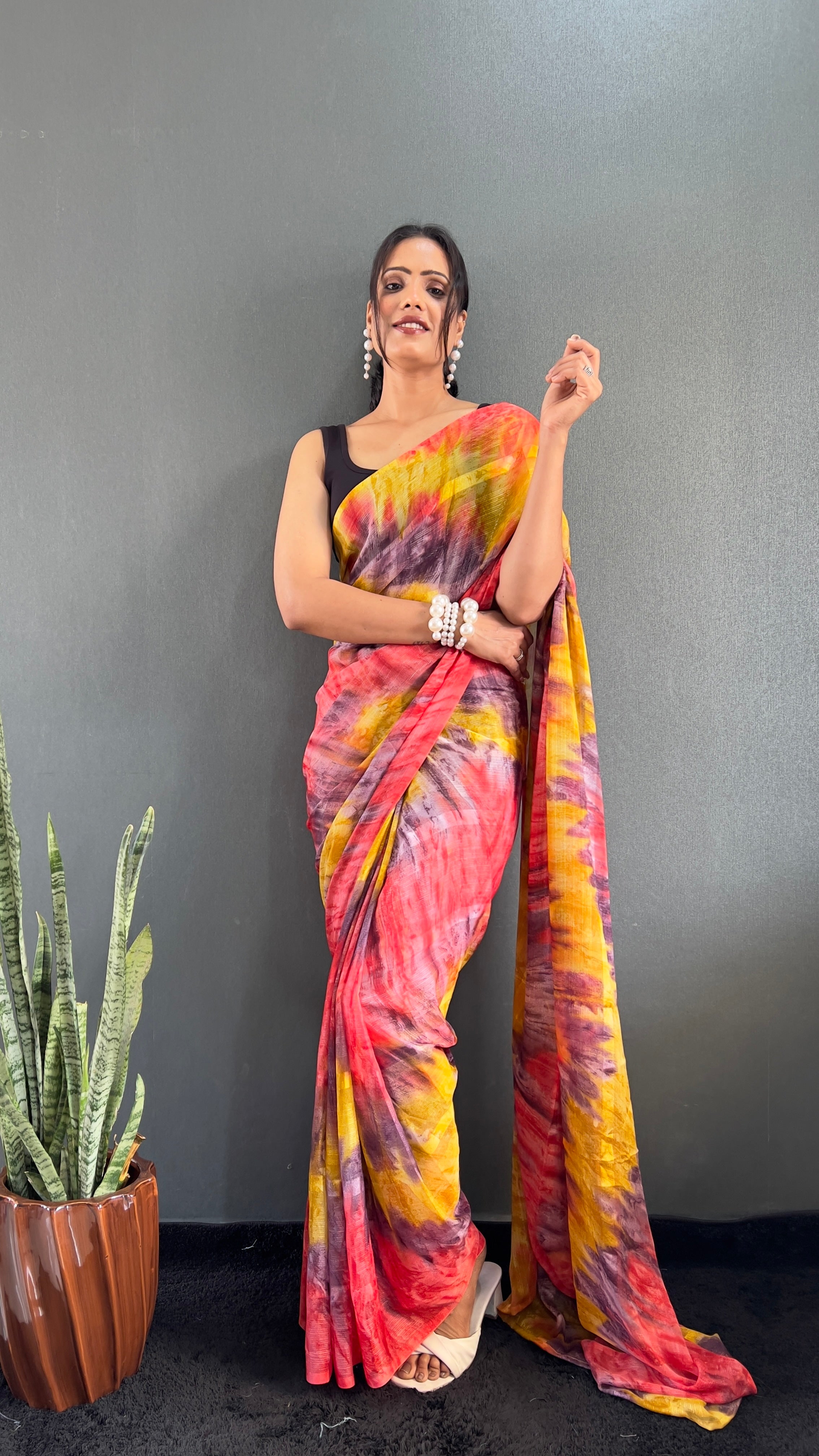 Renee One Minute Ready To Wear Yellow-Grey Saree With Unstiched Blouse