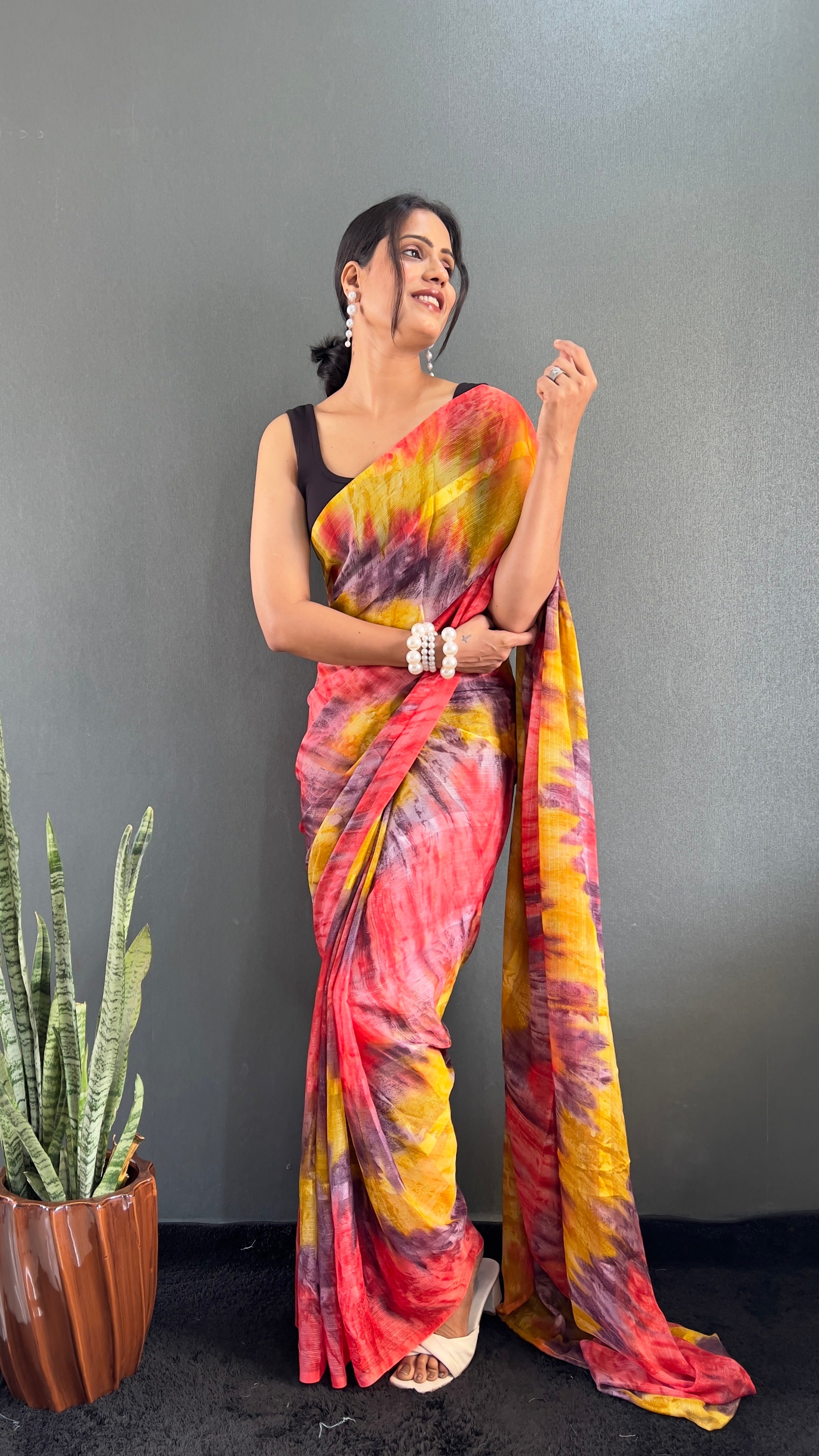 Renee One Minute Ready To Wear Yellow-Grey Saree With Unstiched Blouse