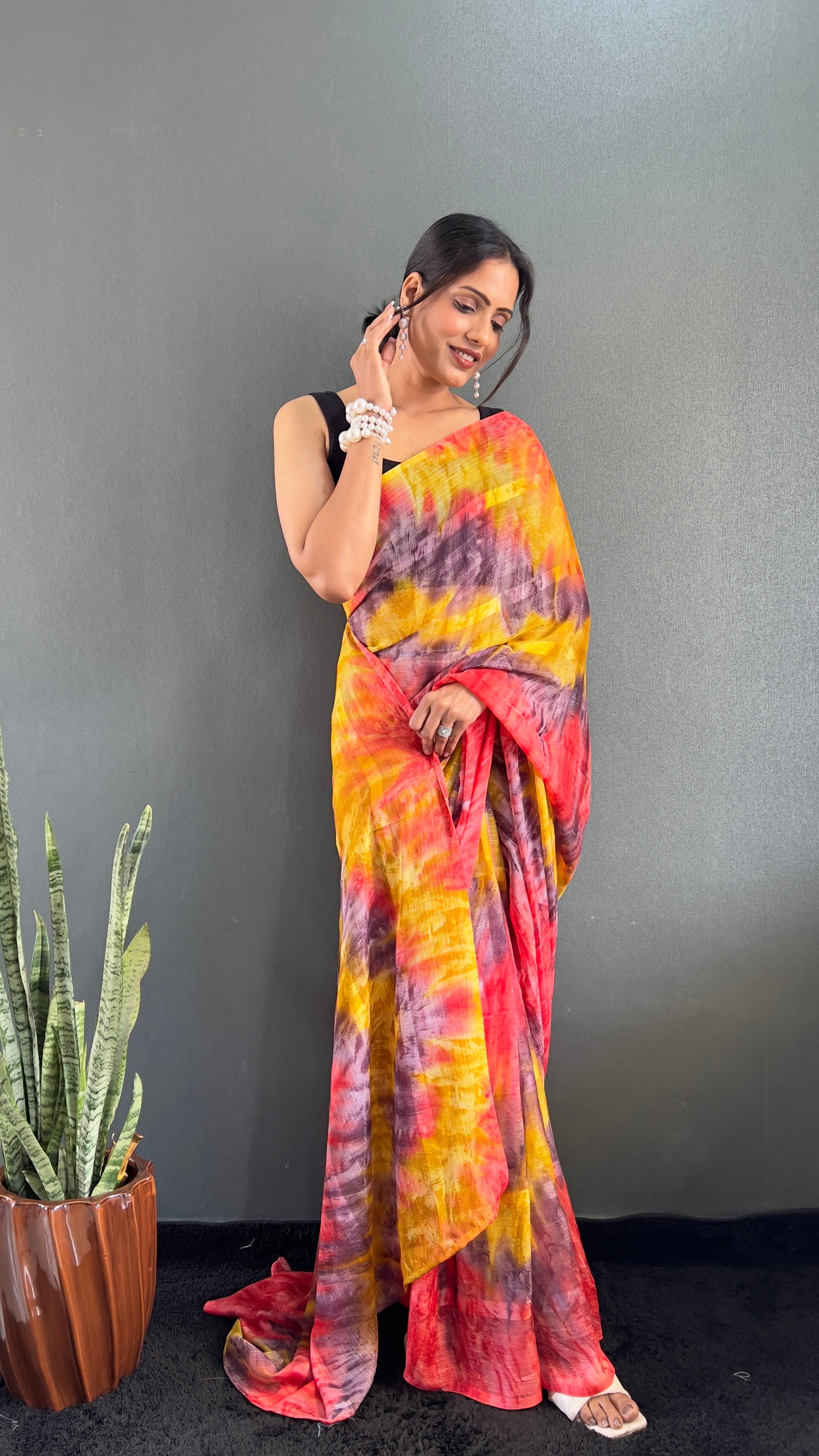 Renee One Minute Ready To Wear Yellow-Grey Saree With Unstiched Blouse