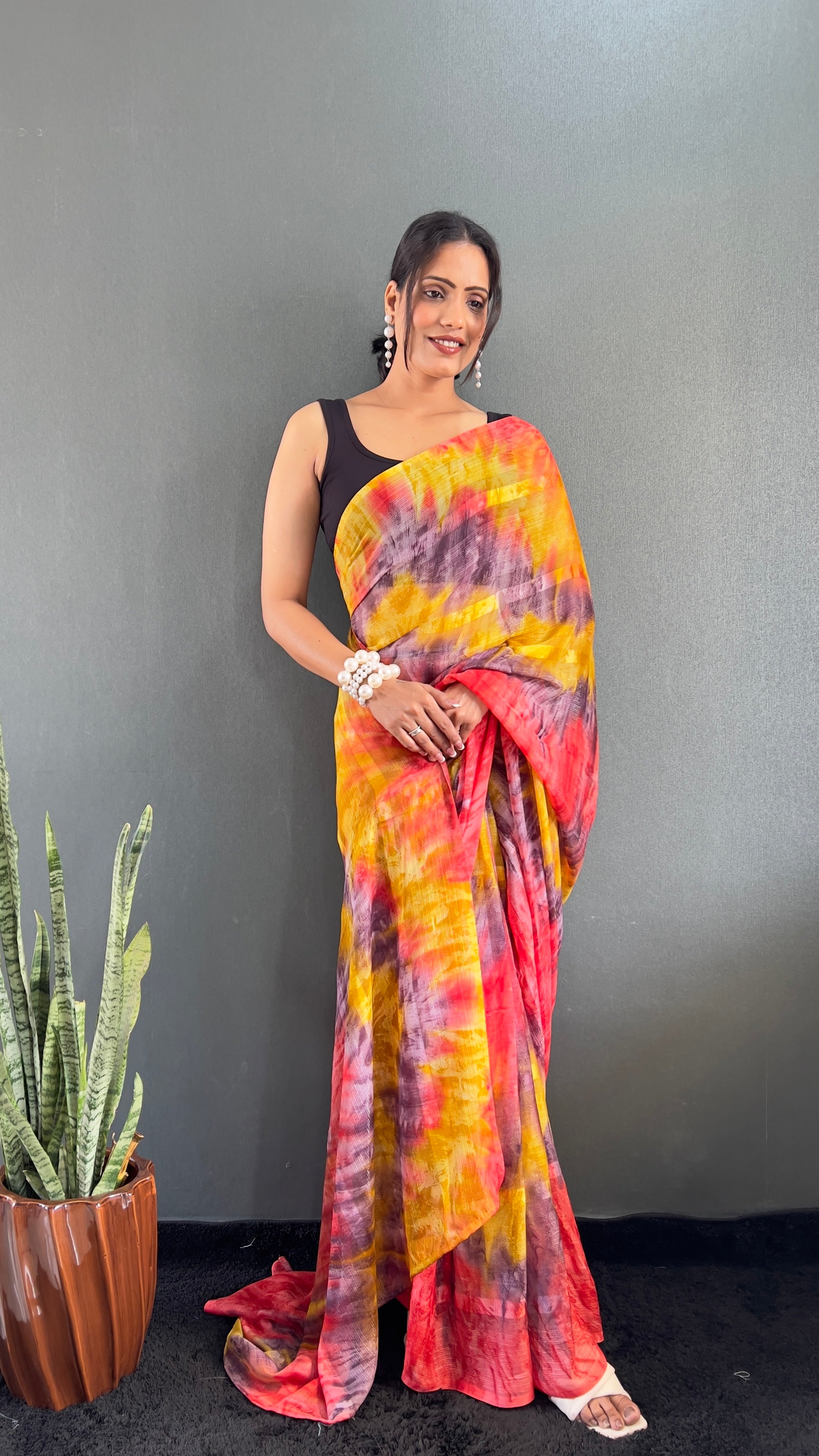 Renee One Minute Ready To Wear Yellow-Grey Saree With Unstiched Blouse