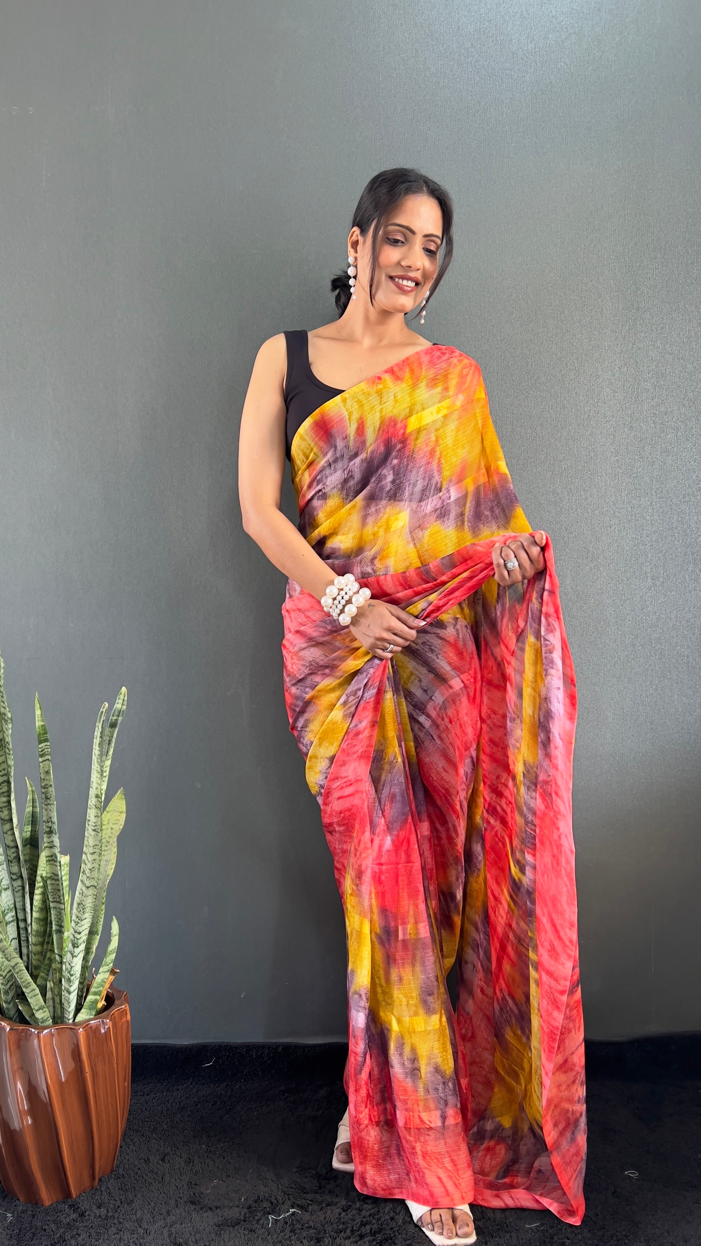 Renee One Minute Ready To Wear Yellow-Grey Saree With Unstiched Blouse