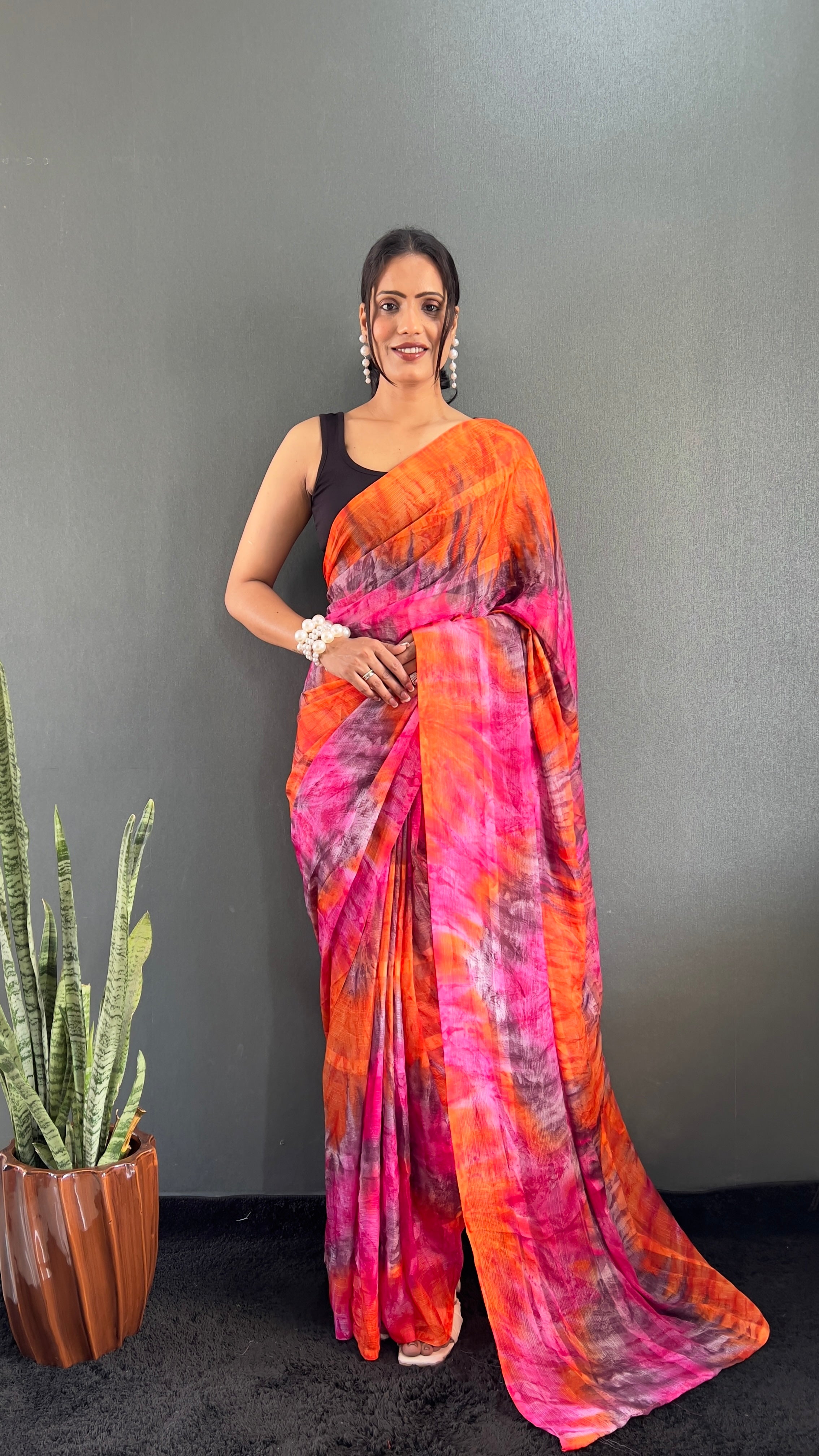 Renee One Minute Ready To Wear Orange-Pink Saree With Unstiched Blouse