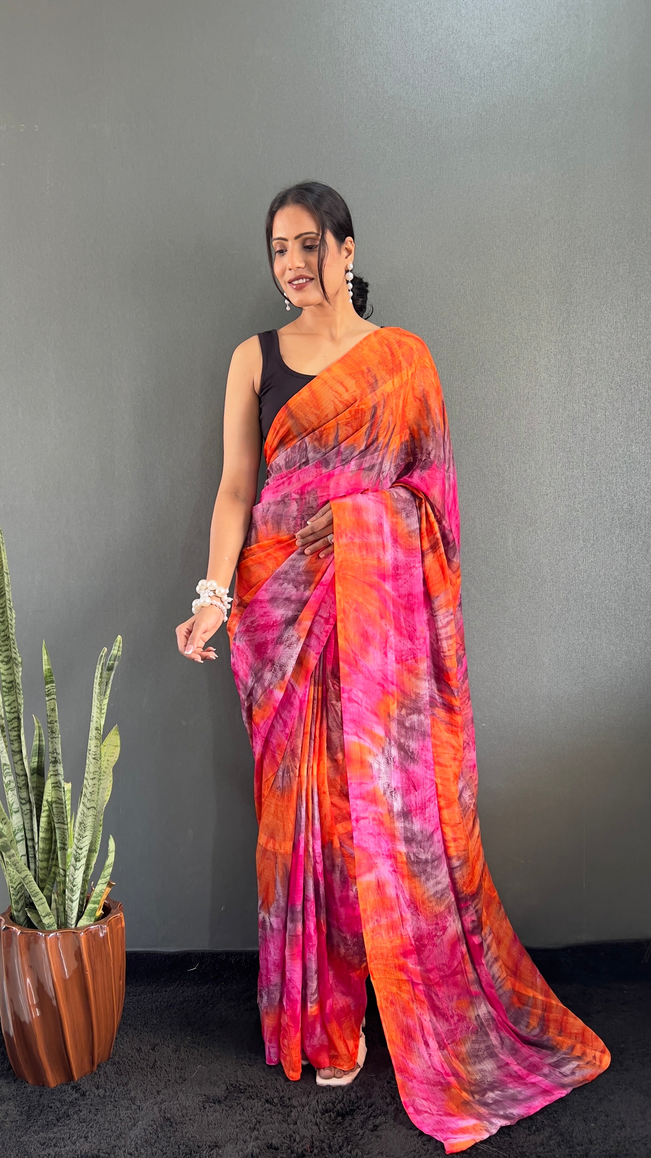 Renee One Minute Ready To Wear Orange-Pink Saree With Unstiched Blouse